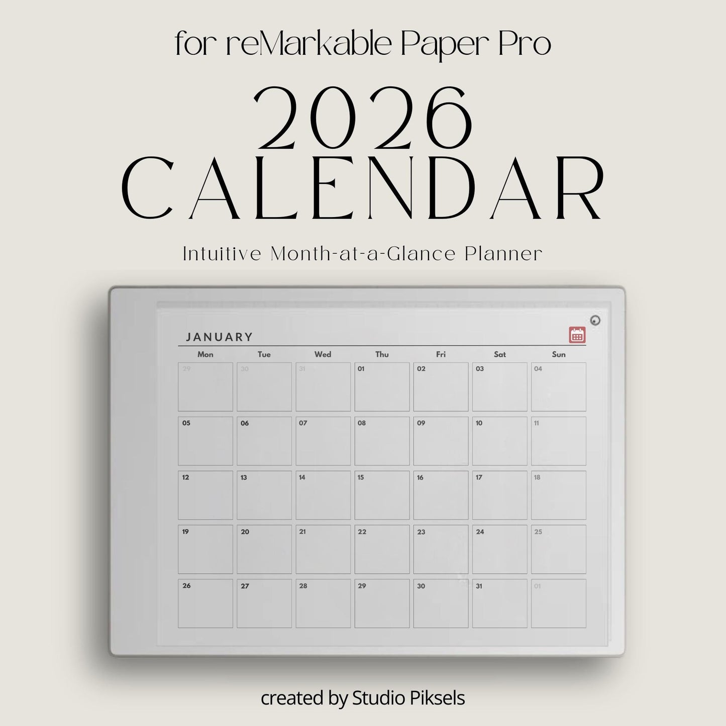 Hyperlinked monthly planner for reMarkable Paper Pro with yearly overview and clean month at a glance calendar pages.