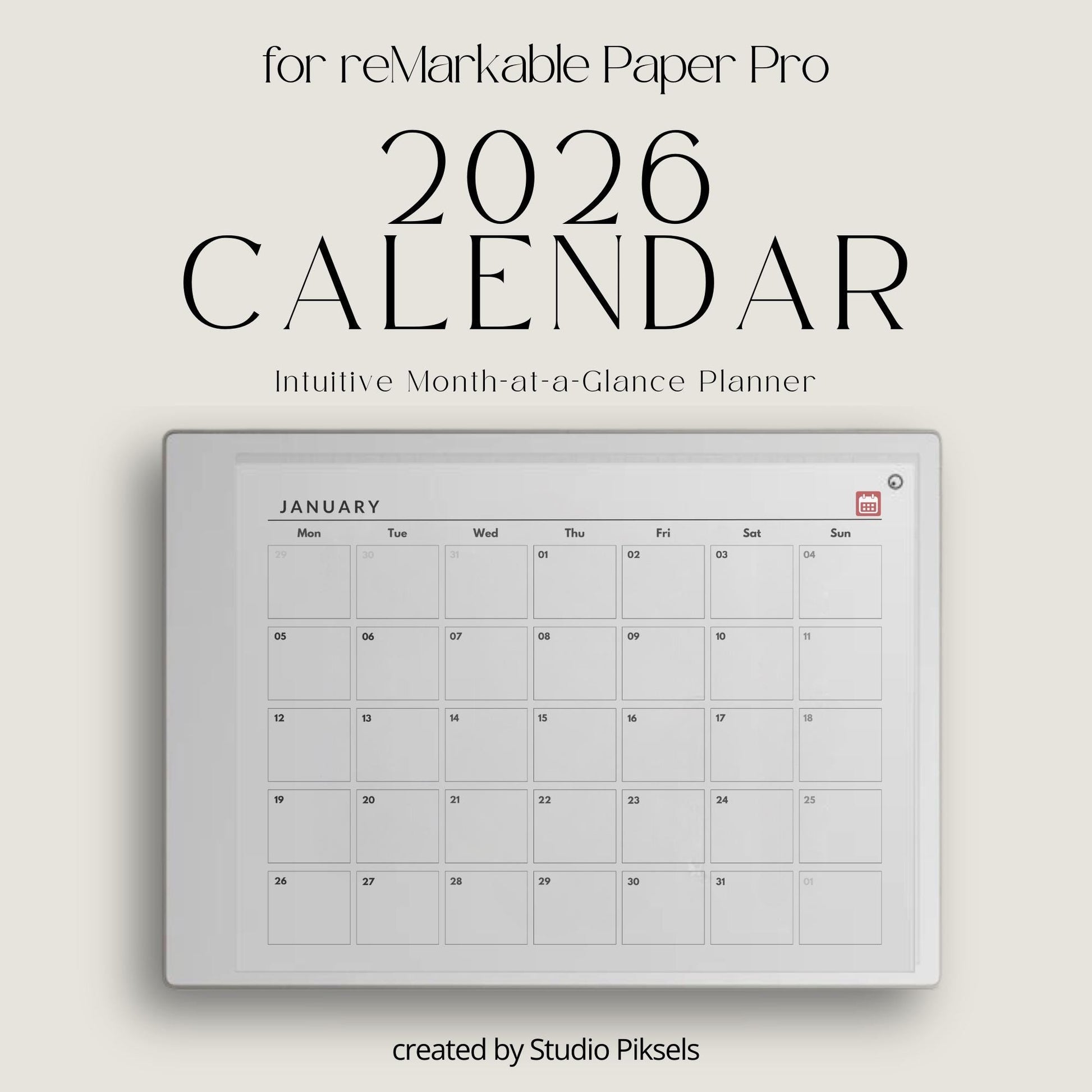 Hyperlinked monthly planner for reMarkable Paper Pro with yearly overview and clean month at a glance calendar pages.