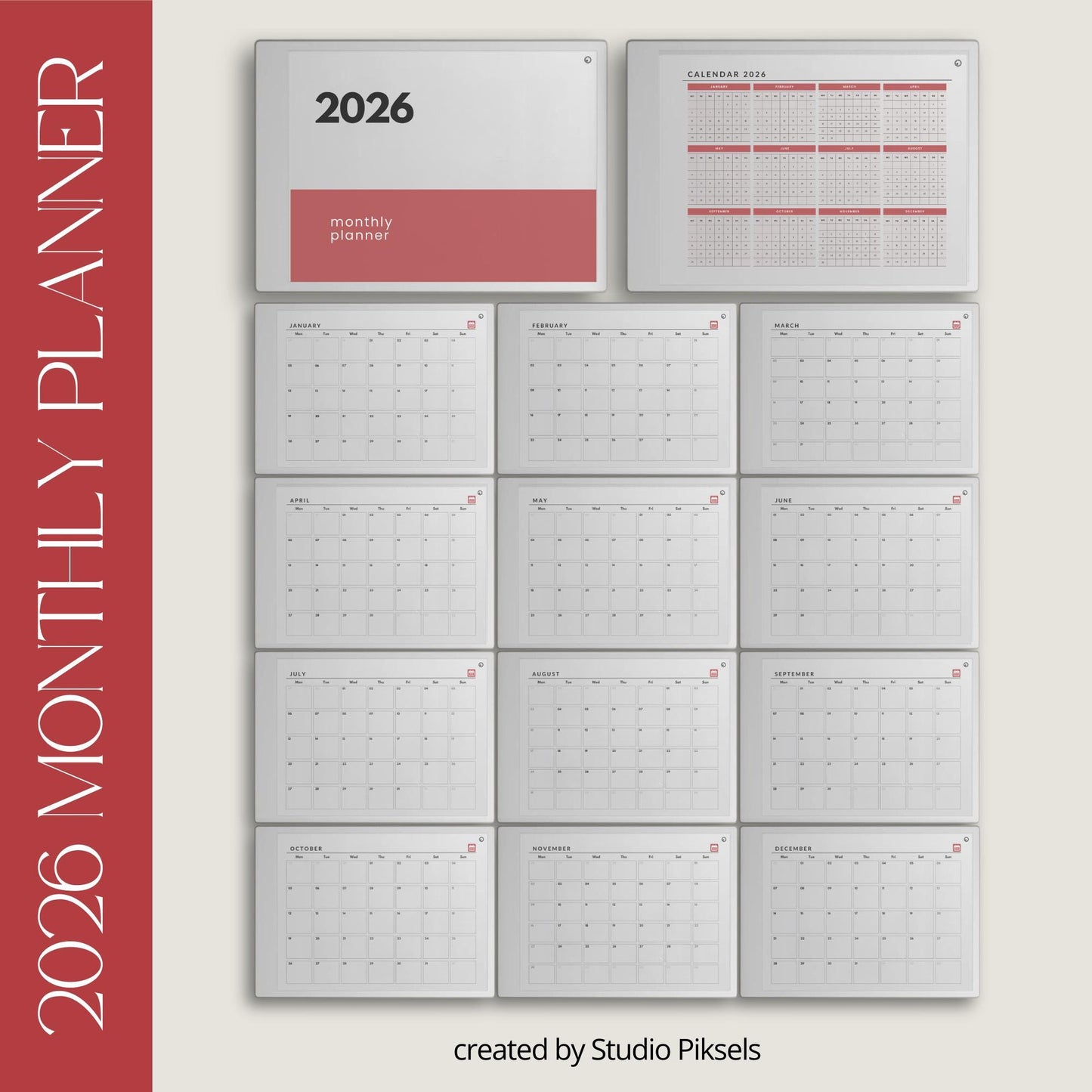 Hyperlinked monthly planner for reMarkable Paper Pro with yearly overview and clean month at a glance calendar pages.