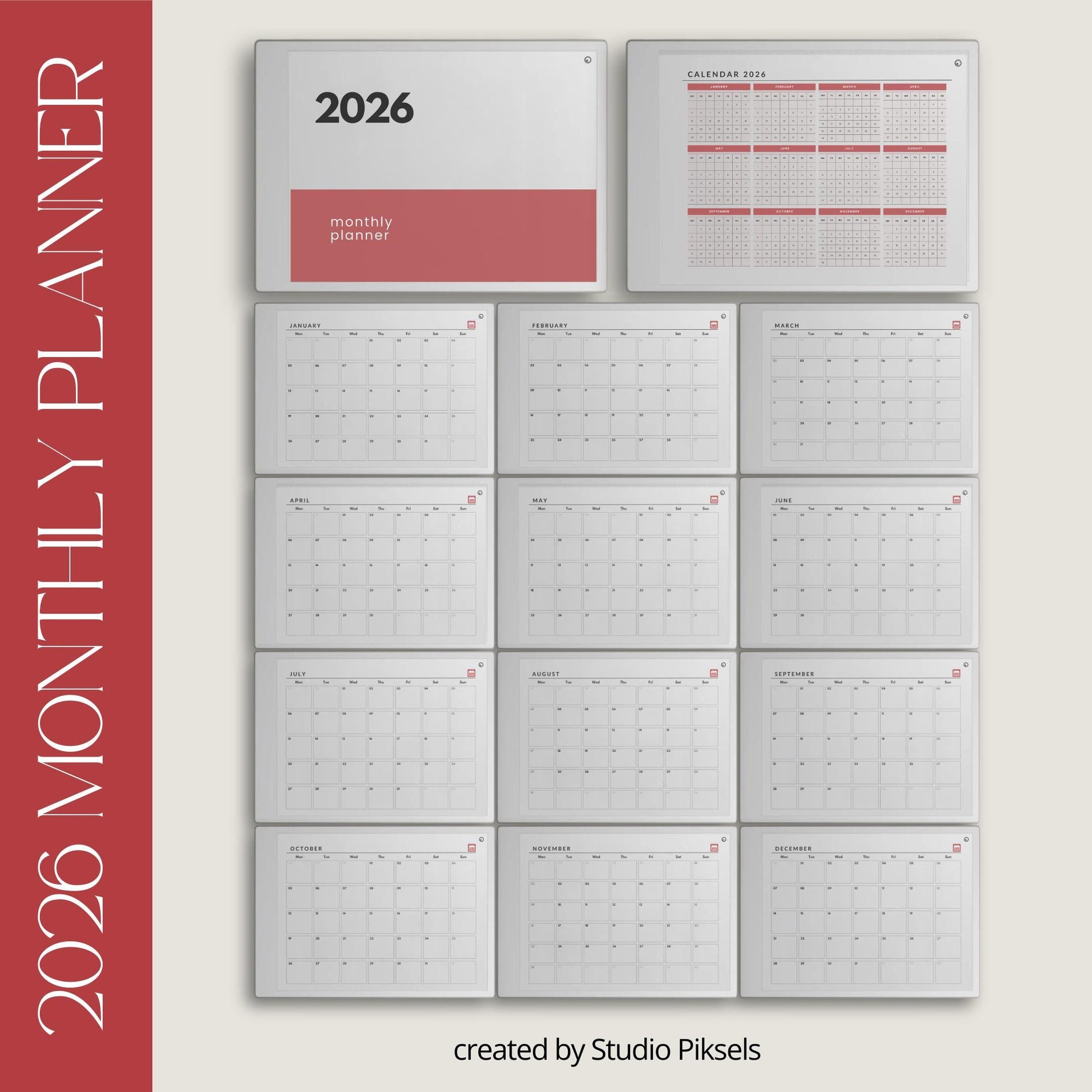 Hyperlinked monthly planner for reMarkable Paper Pro with yearly overview and clean month at a glance calendar pages.