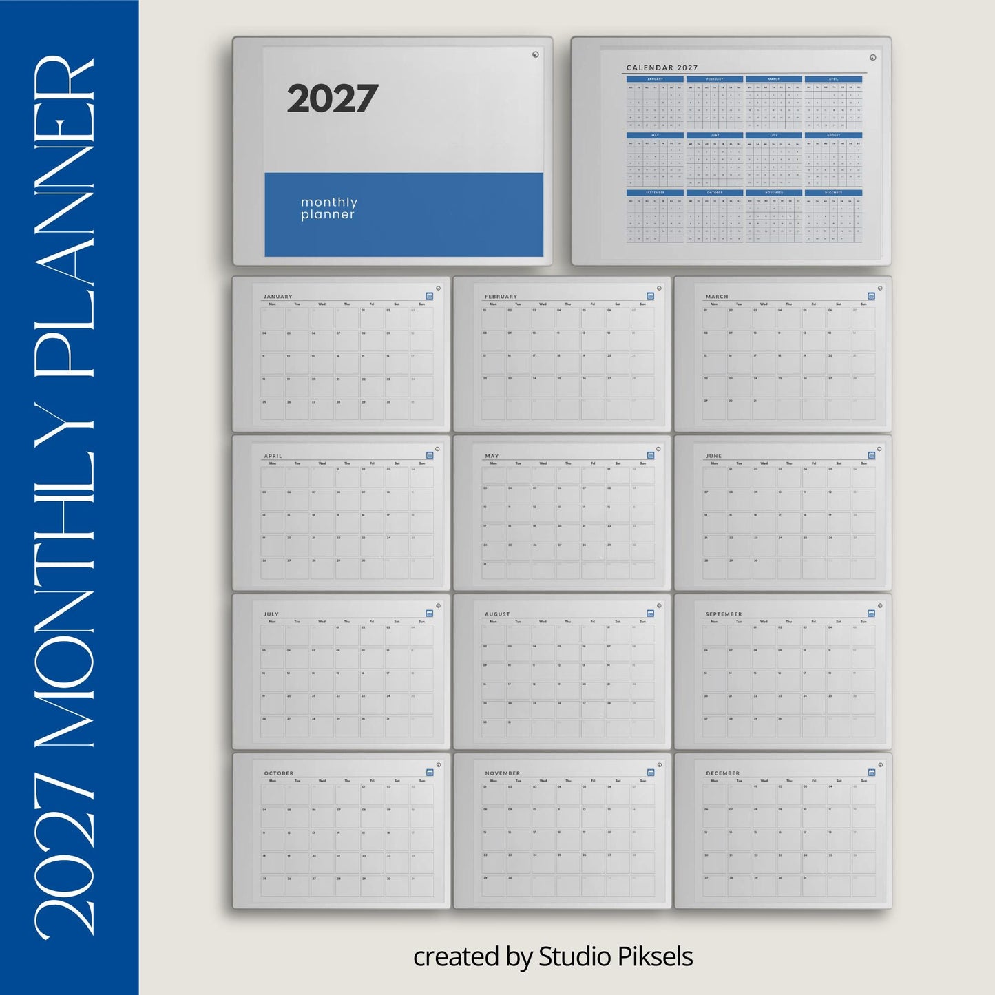 Hyperlinked monthly planner for reMarkable Paper Pro with yearly overview and clean month at a glance calendar pages.