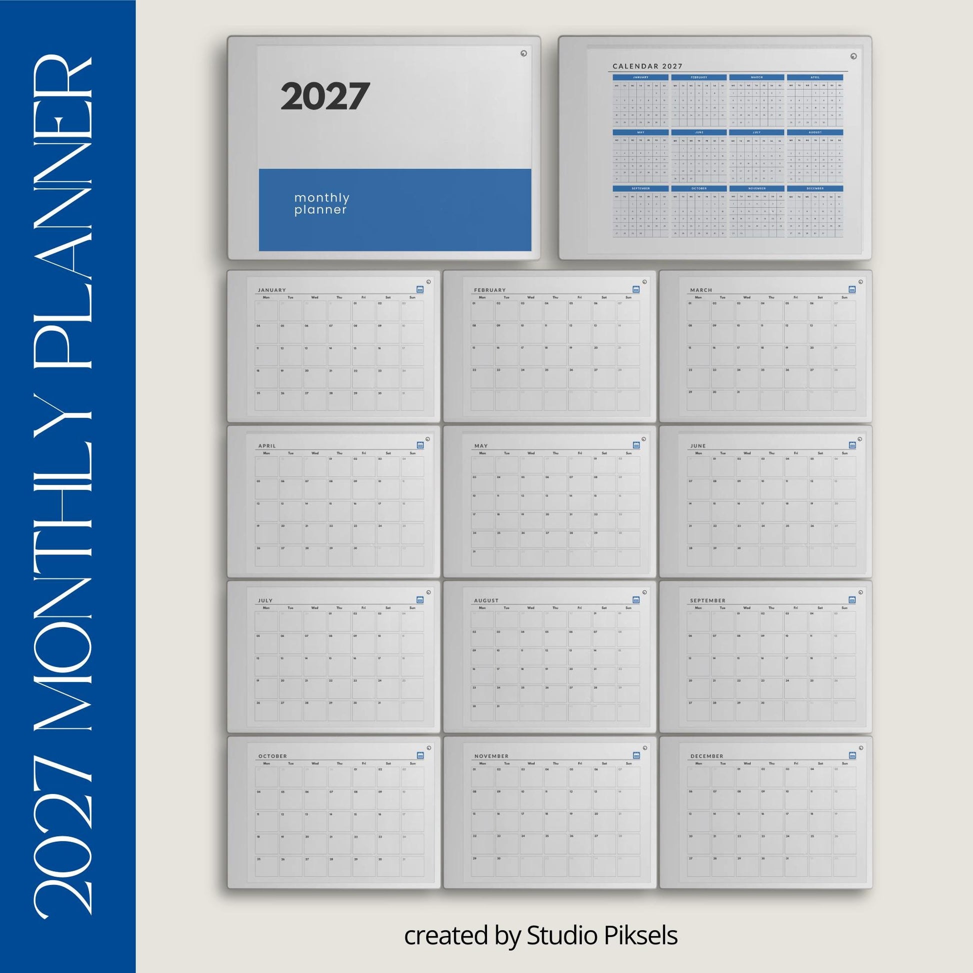 Hyperlinked monthly planner for reMarkable Paper Pro with yearly overview and clean month at a glance calendar pages.