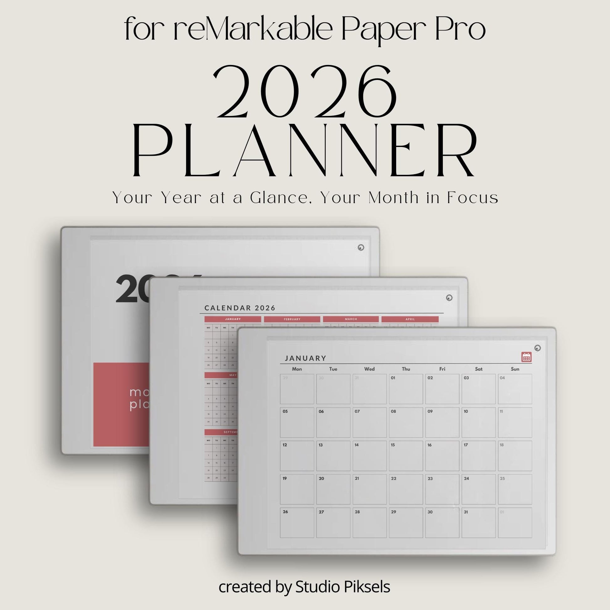 Hyperlinked monthly planner for reMarkable Paper Pro with yearly overview and clean month at a glance calendar pages.