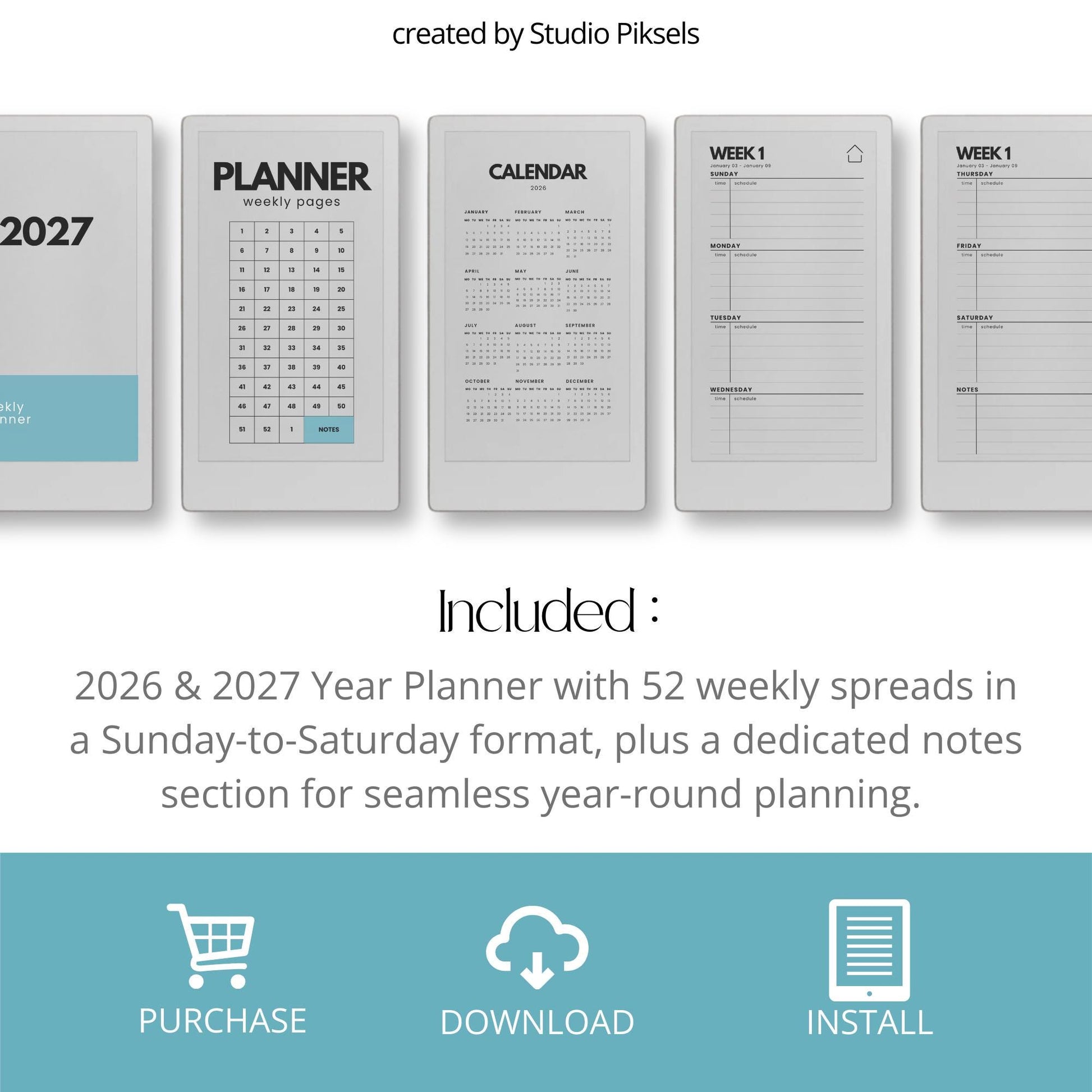 2026 and 2027 weekly planners for reMarkable Paper Pro Move with hyperlinked Sunday start layouts.