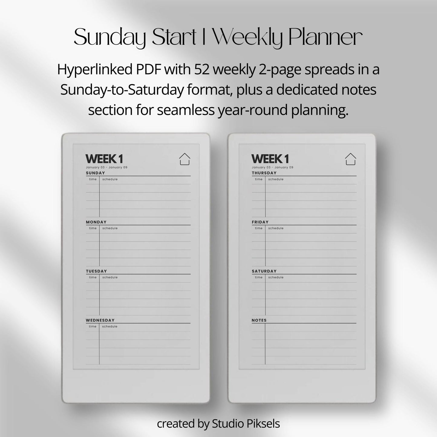 2026 and 2027 weekly planners for reMarkable Paper Pro Move with hyperlinked Sunday start layouts.