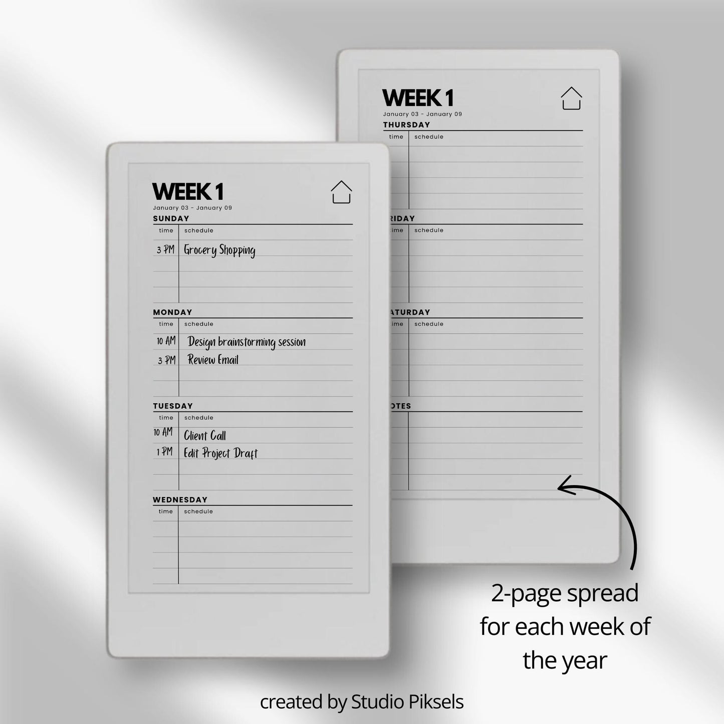 2026 and 2027 weekly planners for reMarkable Paper Pro Move with hyperlinked Sunday start layouts.