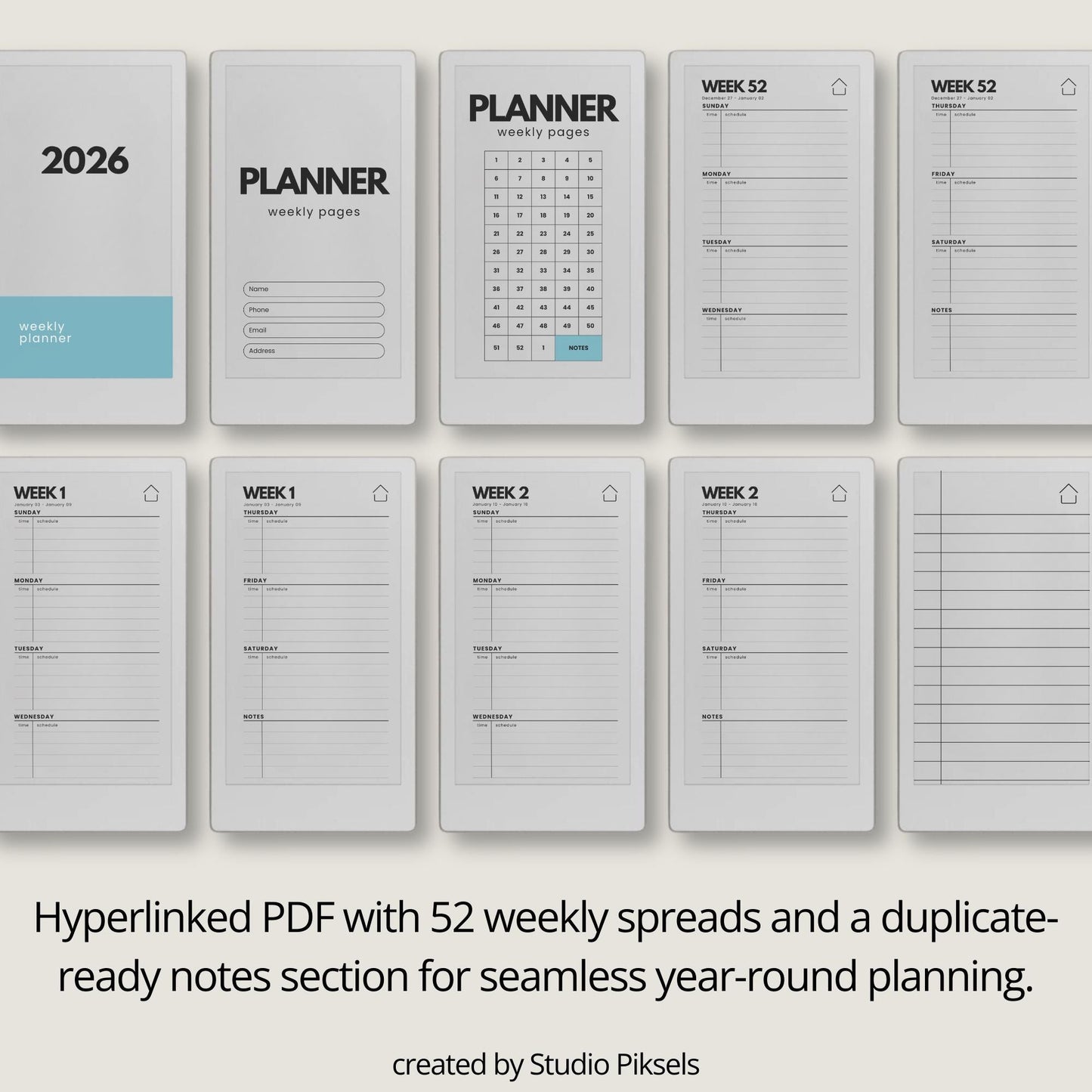 2026 and 2027 weekly planners for reMarkable Paper Pro Move with hyperlinked Sunday start layouts.