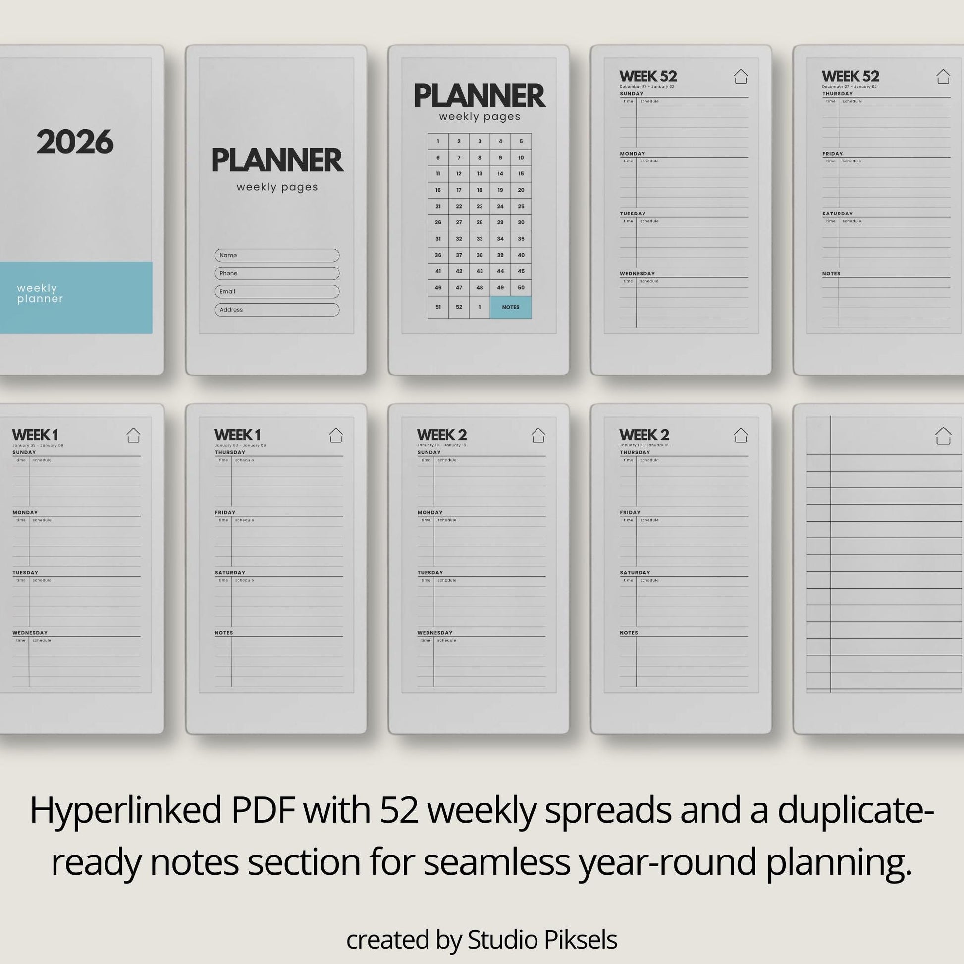 2026 and 2027 weekly planners for reMarkable Paper Pro Move with hyperlinked Sunday start layouts.