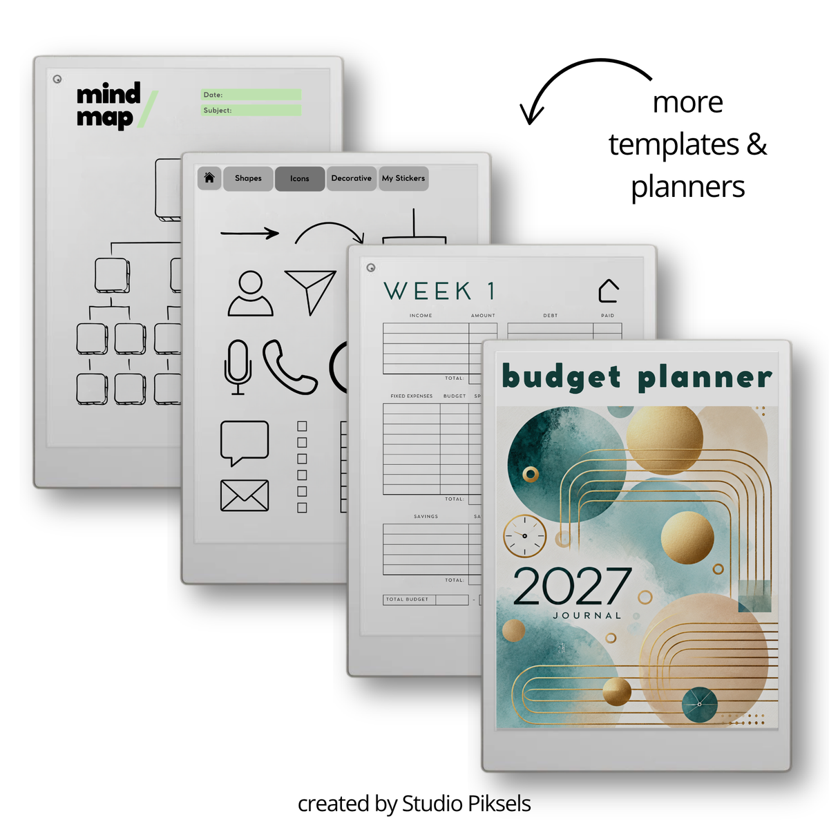 Starter productivity bundle for reMarkable Paper Pro with planners, notebooks, trackers, and hyperlinked digital templates for daily, weekly, and yearly organization, goal setting, habit tracking, budgeting, note taking, and structured digital planning in a minimalist grayscale system.