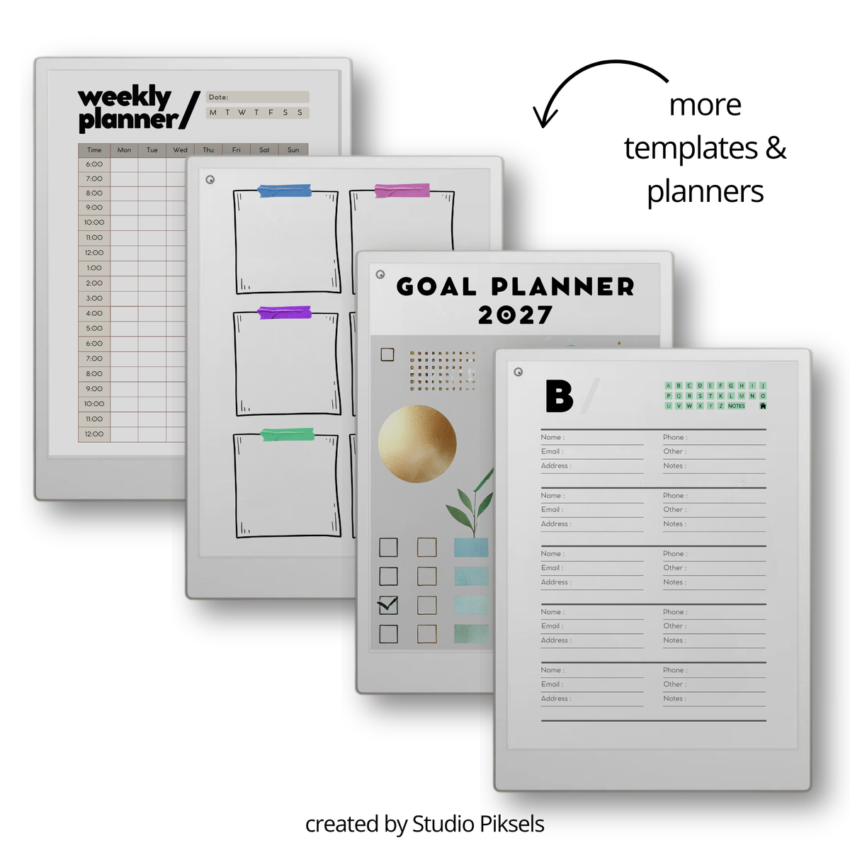 Starter productivity bundle for reMarkable Paper Pro with planners, notebooks, trackers, and hyperlinked digital templates for daily, weekly, and yearly organization, goal setting, habit tracking, budgeting, note taking, and structured digital planning in a minimalist grayscale system.