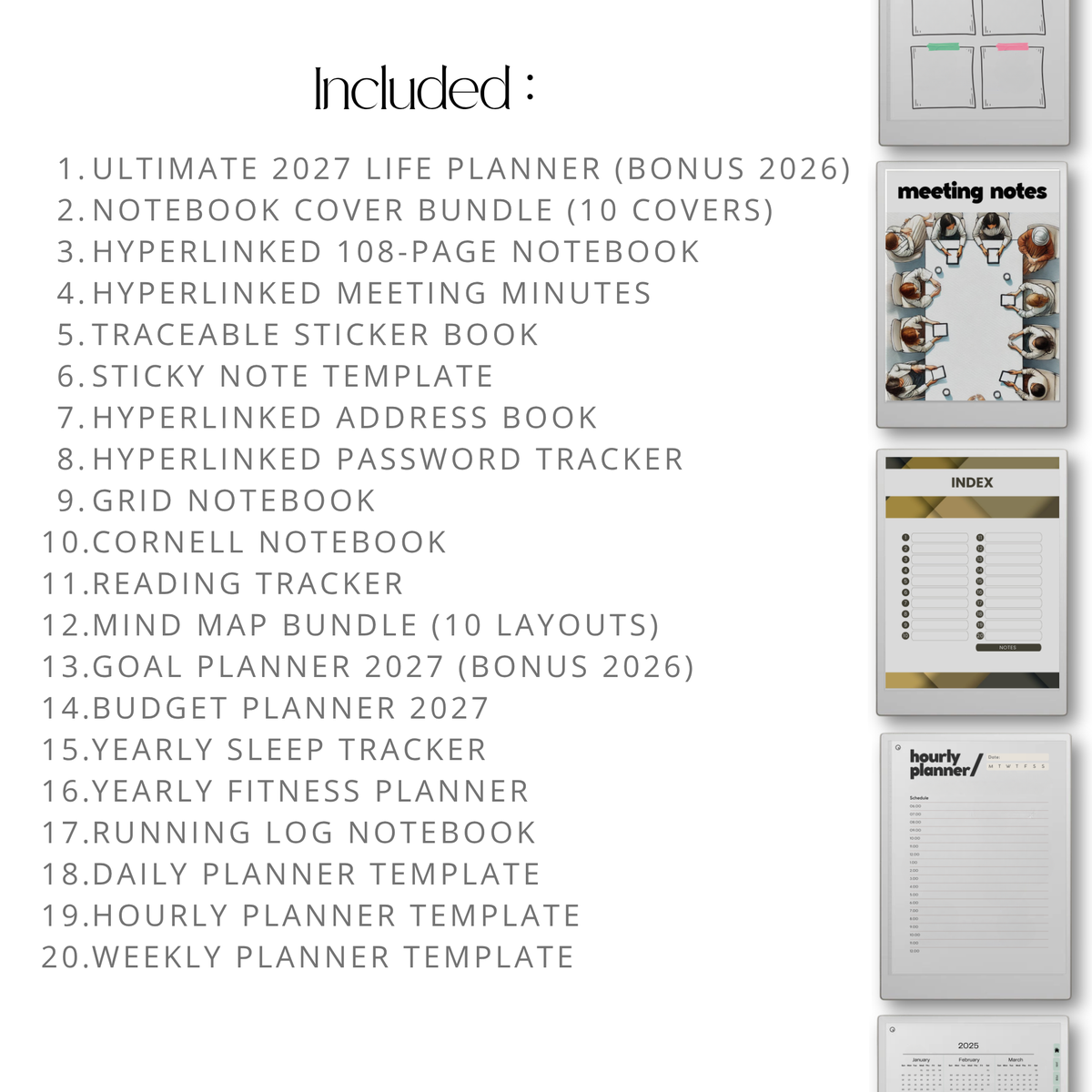 Starter productivity bundle for reMarkable Paper Pro with planners, notebooks, trackers, and hyperlinked digital templates for daily, weekly, and yearly organization, goal setting, habit tracking, budgeting, note taking, and structured digital planning in a minimalist grayscale system.