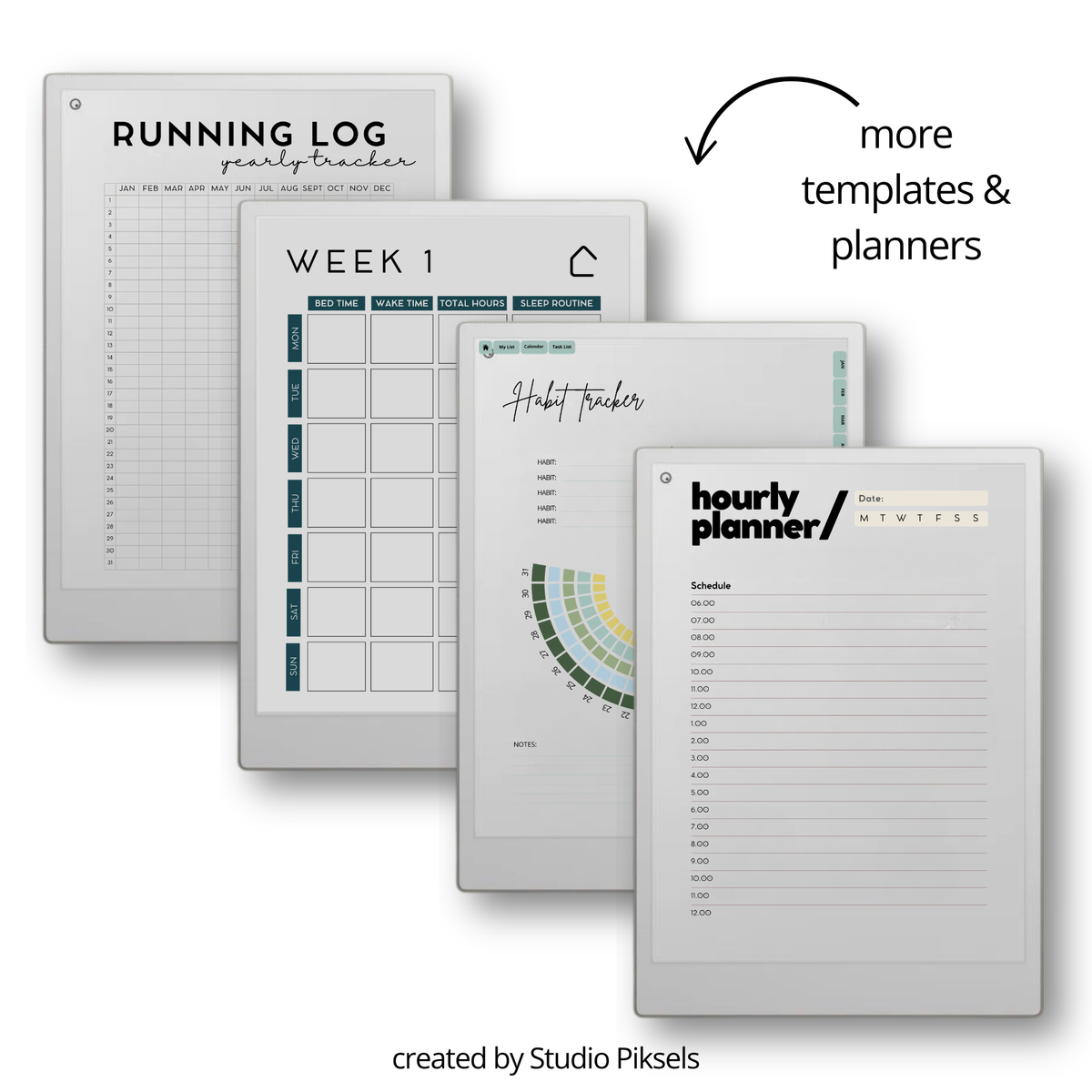 Starter productivity bundle for reMarkable Paper Pro with planners, notebooks, trackers, and hyperlinked digital templates for daily, weekly, and yearly organization, goal setting, habit tracking, budgeting, note taking, and structured digital planning in a minimalist grayscale system.