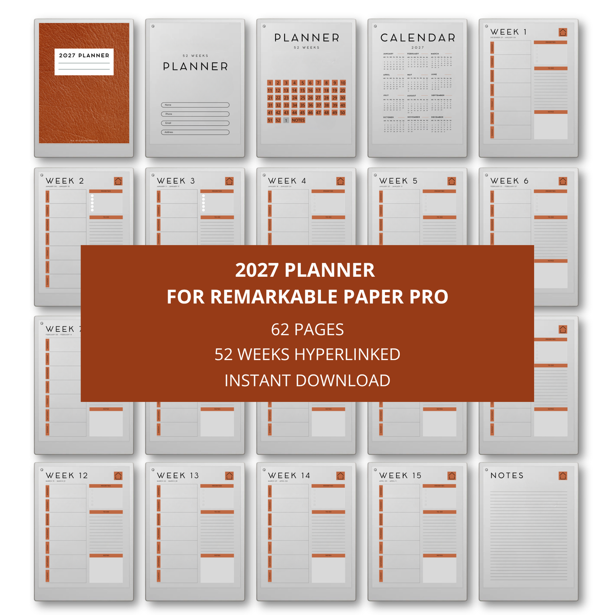 2027 weekly planner for reMarkable Paper Pro with hyperlinked weekly pages, priorities, task lists, notes sections, and bonus 2026 planner included.