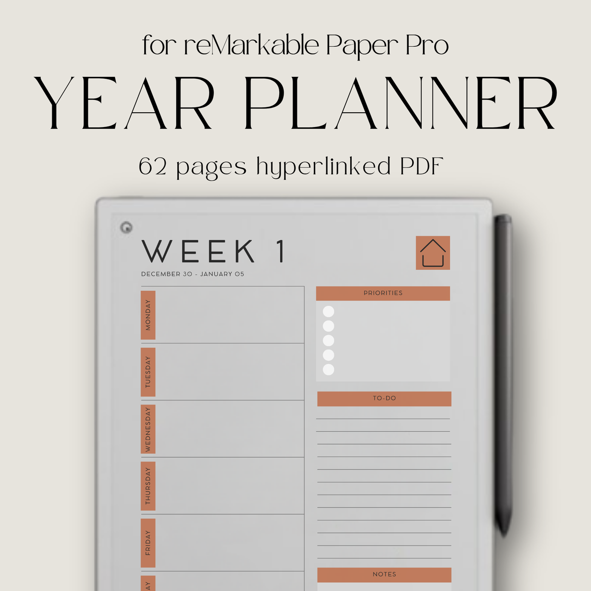 2027 weekly planner for reMarkable Paper Pro with hyperlinked weekly pages, priorities, task lists, notes sections, and bonus 2026 planner included.