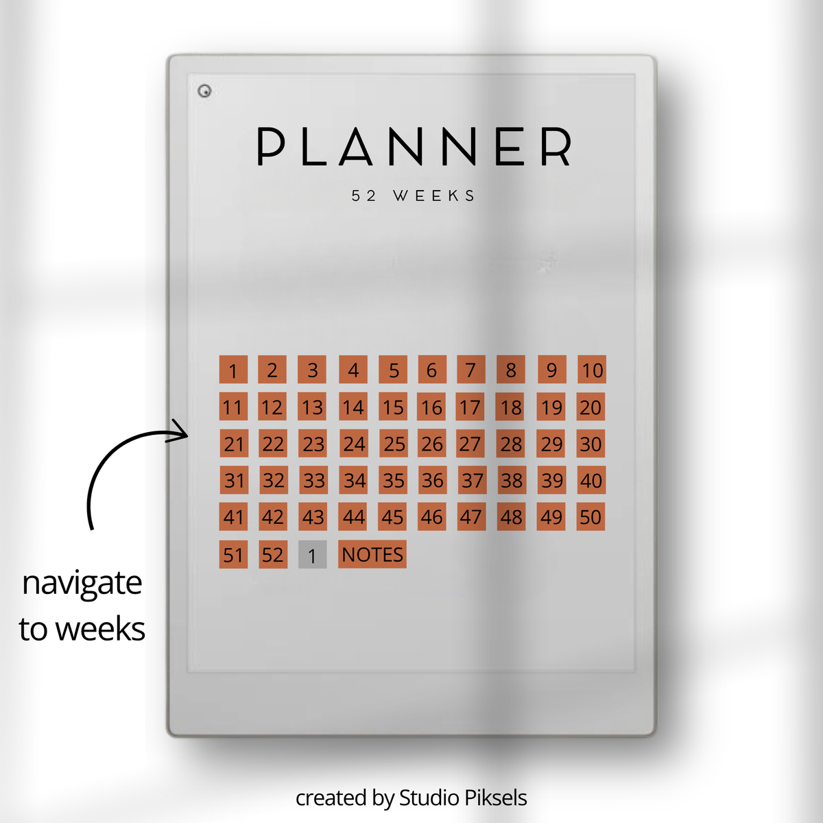 2027 weekly planner for reMarkable Paper Pro with hyperlinked weekly pages, priorities, task lists, notes sections, and bonus 2026 planner included.