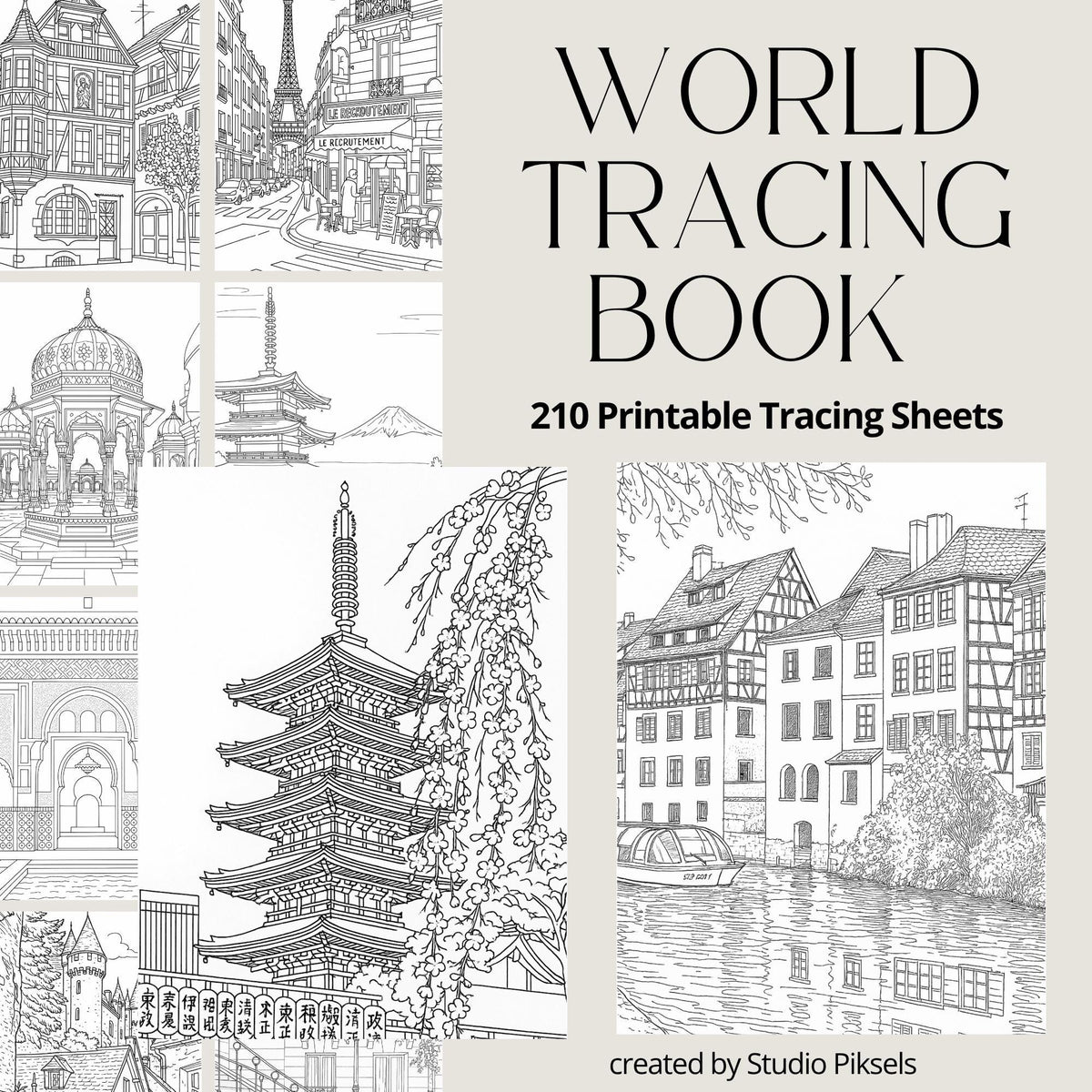 World Travel Tracing Books Bundle. Printable Tracing Pages for Adults & Kids Featuring Paris, India, Morocco, and France