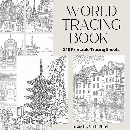World Travel Tracing Books Bundle. Printable Tracing Pages for Adults & Kids Featuring Paris, India, Morocco, and France
