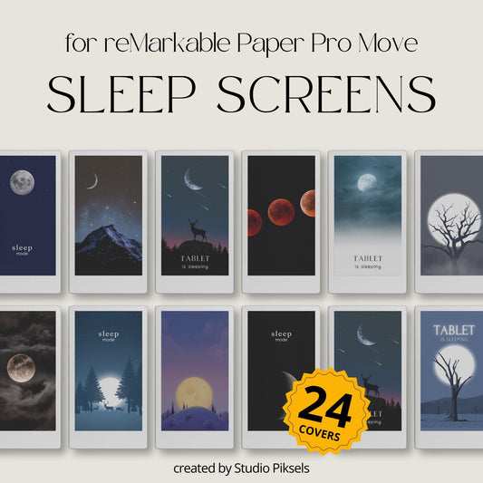 Customize your device with this Lunar Sleep Screen Bundle designed for reMarkable Paper Pro Move. This collection includes 24 moon-inspired sleep screens featuring glowing moons, lunar phases, eclipses, starry skies, and atmospheric night scenes that bring a calm and celestial look to your device during sleep mode.