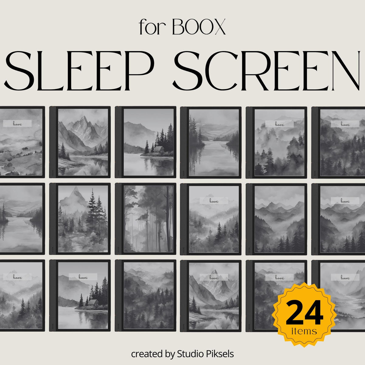 BOOX Sleep Screen Bundle with 24 grayscale nature-inspired screensavers featuring landscape artwork for BOOX E Ink devices 