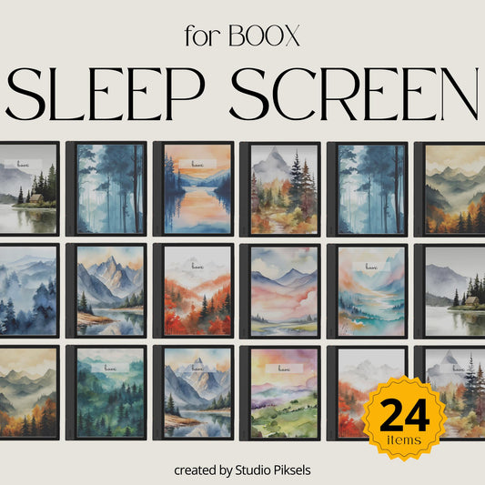BOOX Sleep Screen Bundle with 24 watercolor nature-inspired screensavers featuring mountains, forests, and lakes for BOOX E Ink devices