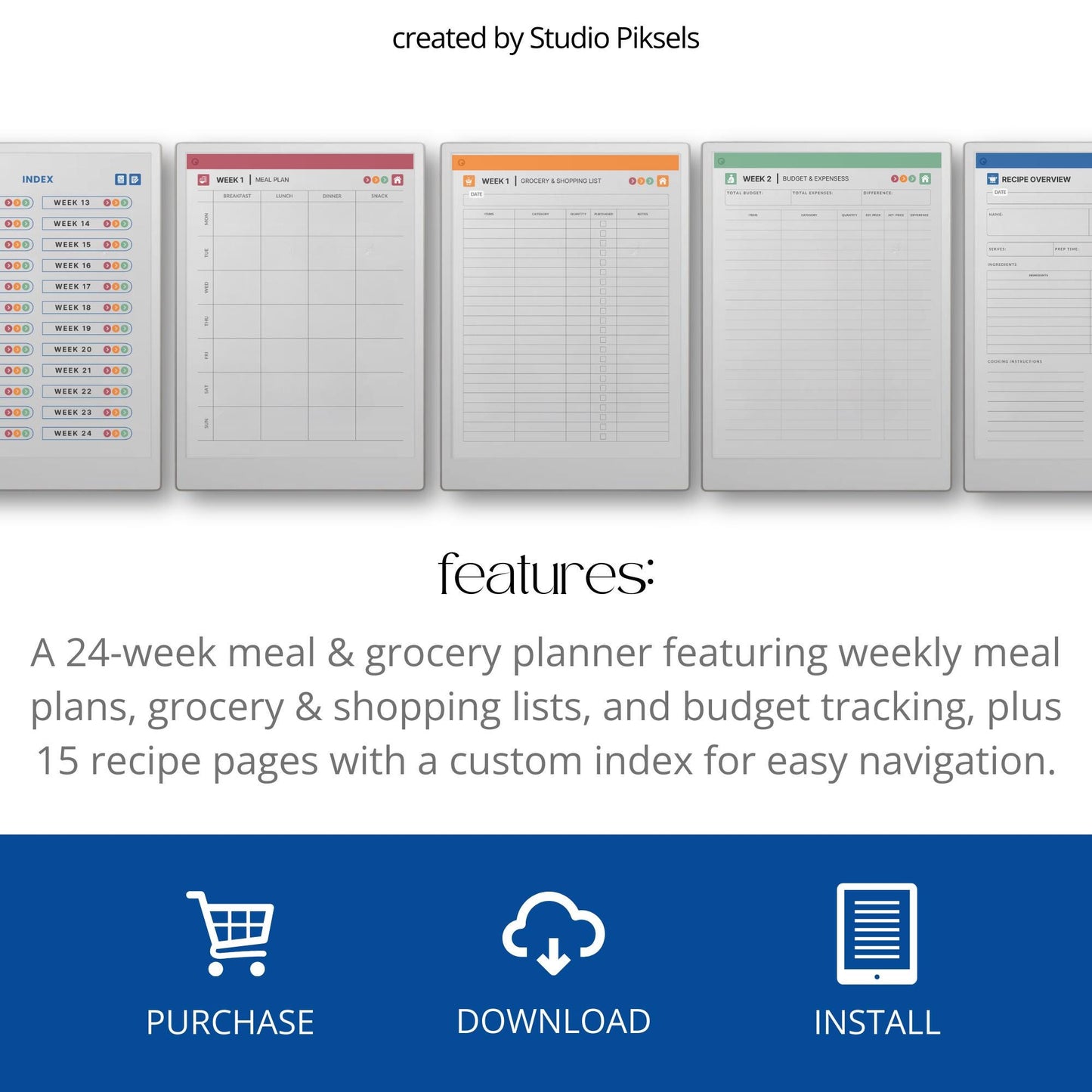 24 week food planner for reMarkable Paper Pro with hyperlinked meal and grocery pages.