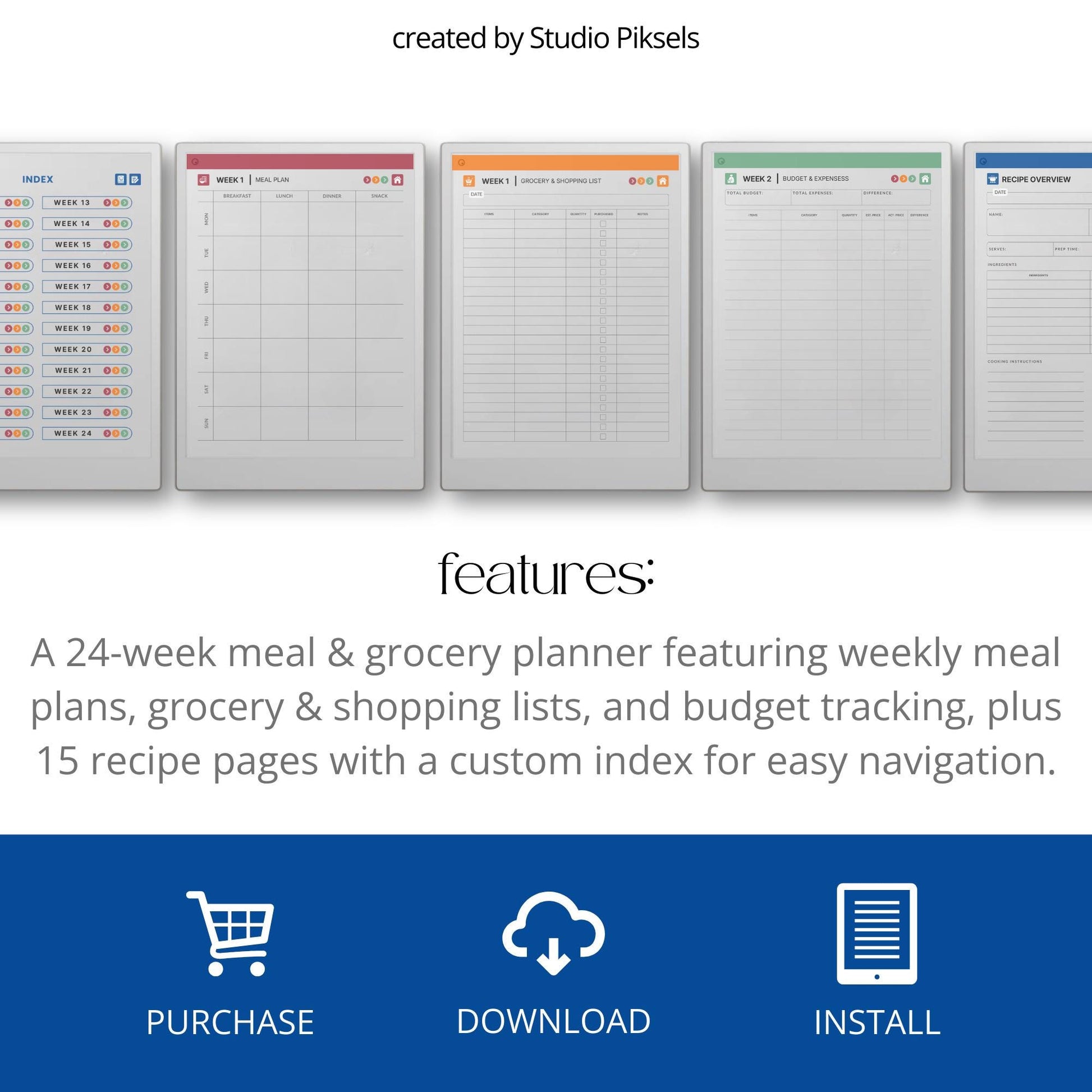 24 week food planner for reMarkable Paper Pro with hyperlinked meal and grocery pages.