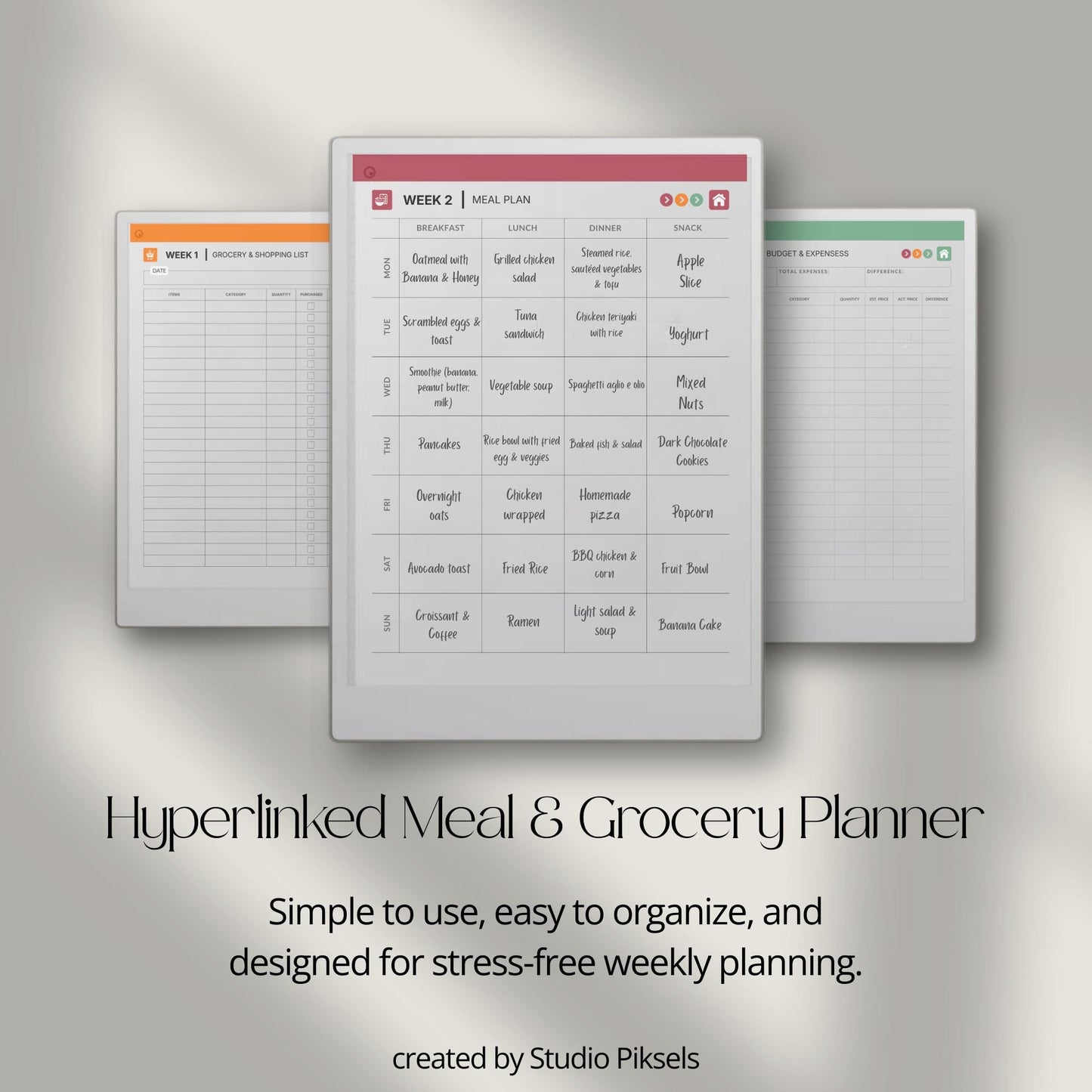24 week food planner for reMarkable Paper Pro with hyperlinked meal and grocery pages.