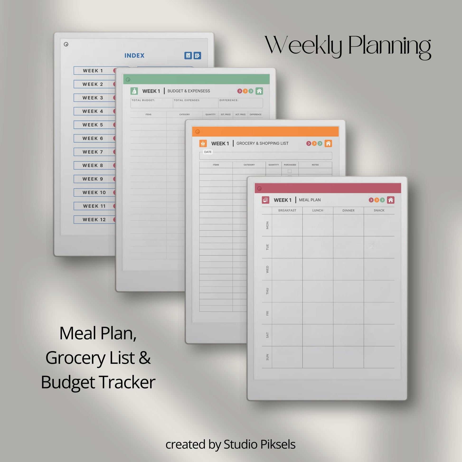 24 week food planner for reMarkable Paper Pro with hyperlinked meal and grocery pages.
