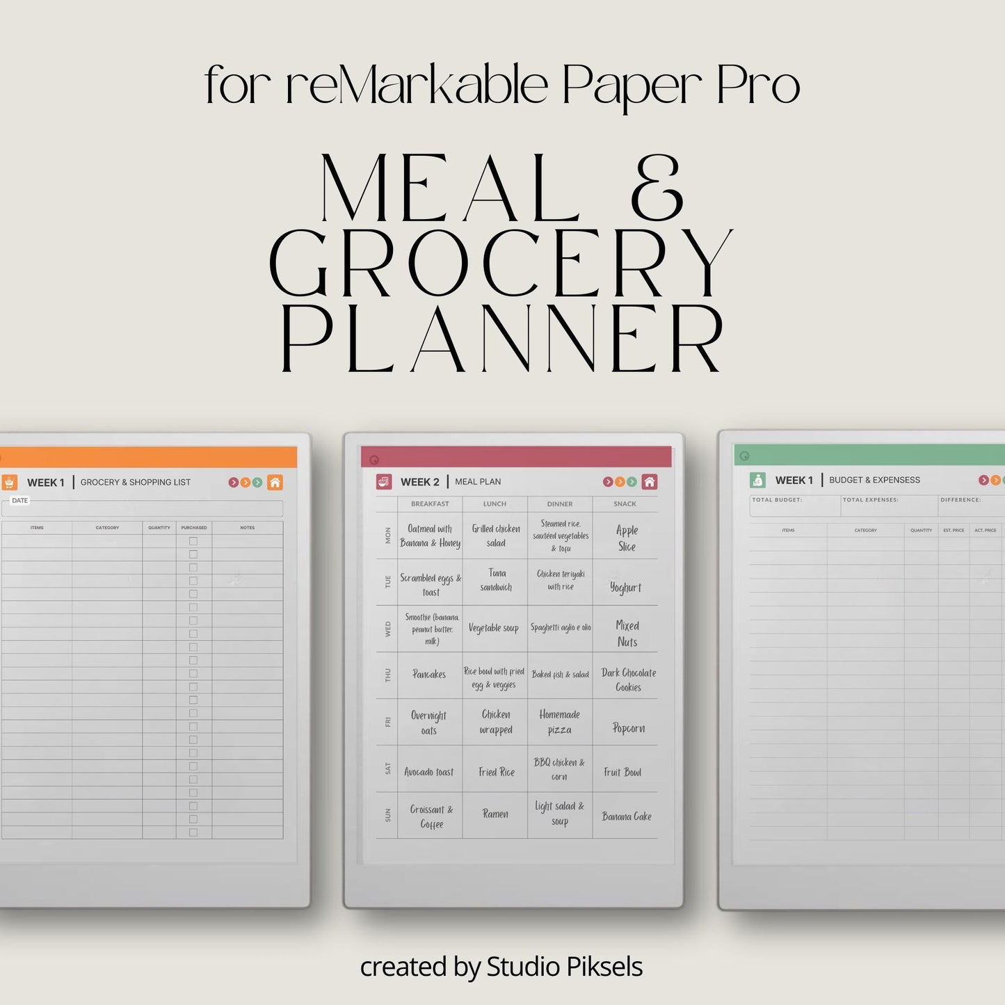 24 week food planner for reMarkable Paper Pro with hyperlinked meal and grocery pages.