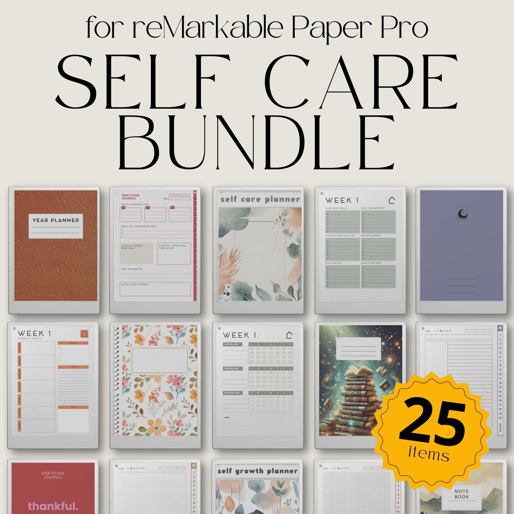 Self Care Bundle PDF for reMarkable Paper Pro Move with planners, wellness journals, note templates, and coloring books.