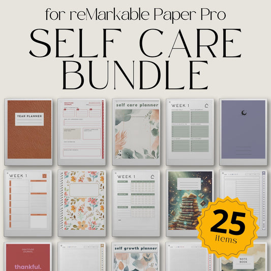 Self Care Bundle PDF for reMarkable Paper Pro Move with planners, wellness journals, note templates, and coloring books.