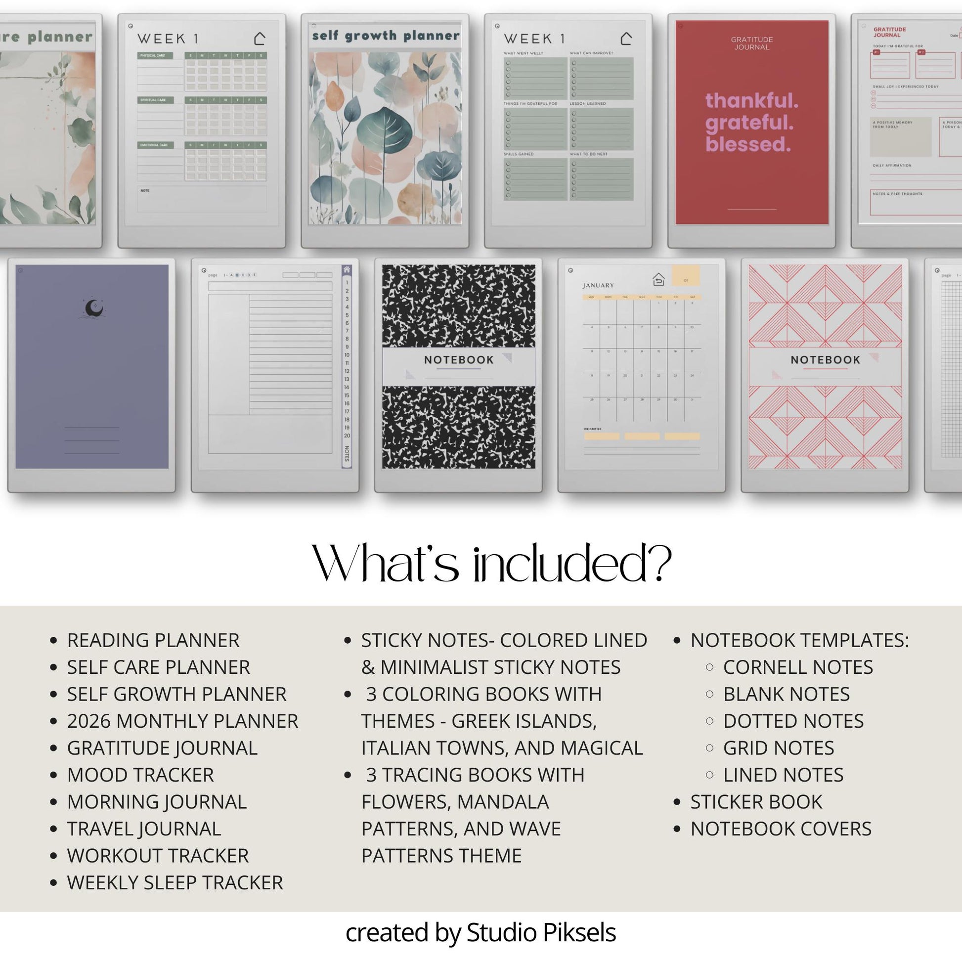 Self Care Bundle PDF for reMarkable Paper Pro Move with planners, wellness journals, note templates, and coloring books.