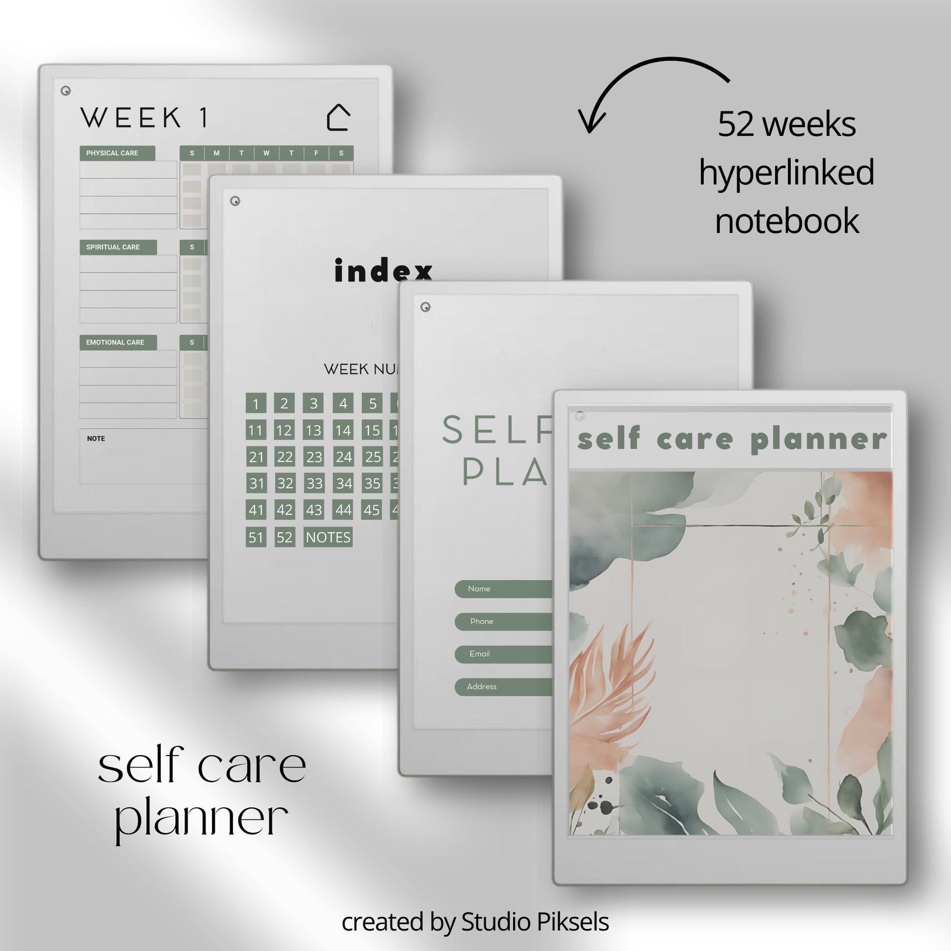 Self Care Bundle PDF for reMarkable Paper Pro Move with planners, wellness journals, note templates, and coloring books.