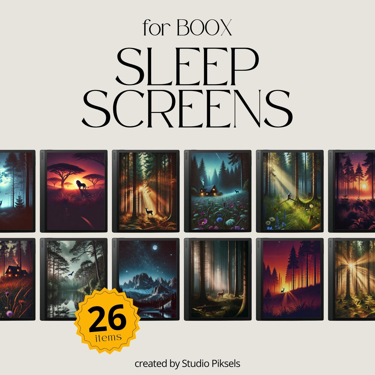 BOOX Sleep Screen Bundle with 26 forest and nature screensavers featuring cabins, sunsets, and peaceful landscapes for BOOX E Ink devices