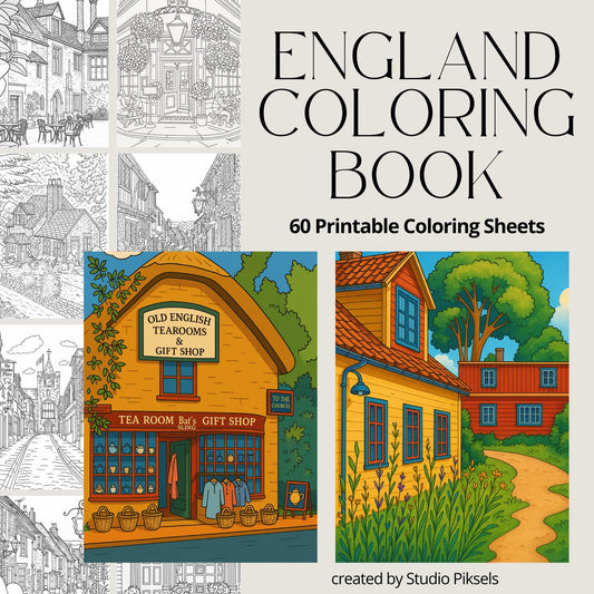 England Coloring Pages, City Coloring Sheets, Cottage Core Coloring, Europe Travel Coloring Book, Adult Coloring & Kids Coloring Pages