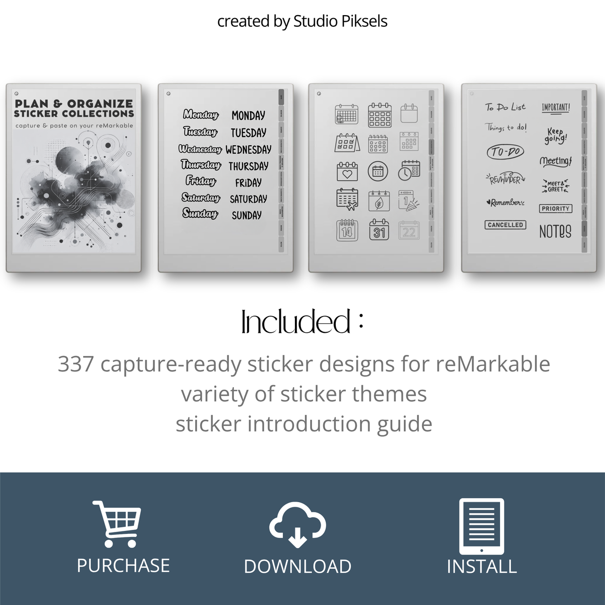 digital planning stickers for reMarkable Paper Pro, Paper Pure, and reMarkable 2 with calendar, weather, food, cleaning, labels, and productivity icons.