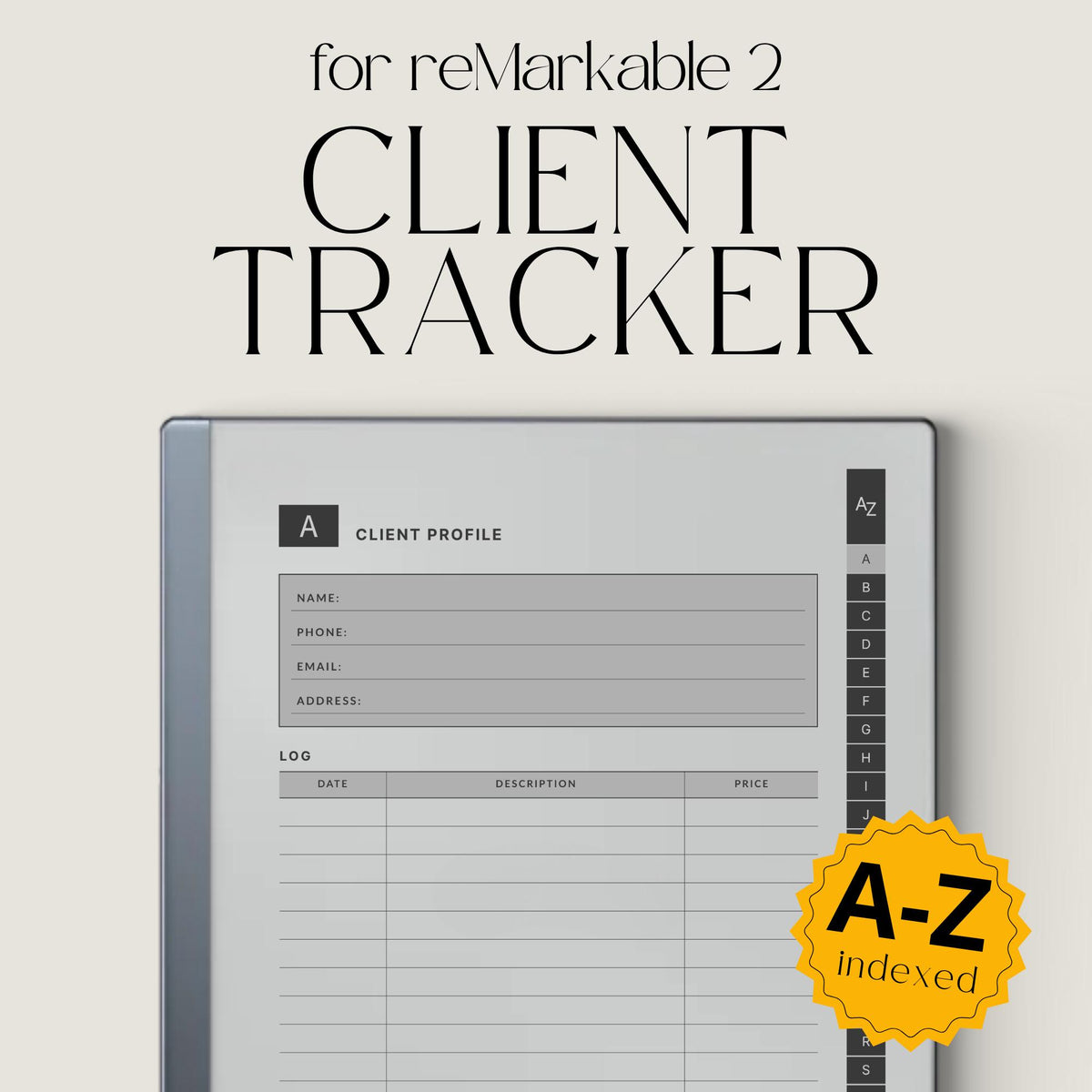 Client Record Book Bundle for reMarkable 2 and reMarkable Paper Pure featuring hyperlinked A–Z client tracking notebooks with reusable profile pages and minimalist grayscale layouts
