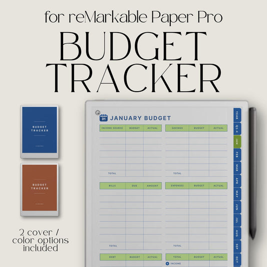 Hyperlinked budget tracker notebook for tracking income expenses and savings on reMarkable Paper Pro.