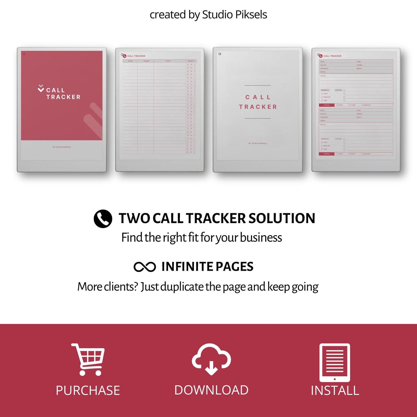 Call tracker PDF and PNG templates for reMarkable Paper Pro Move with simple call log and detailed client tracker layouts.