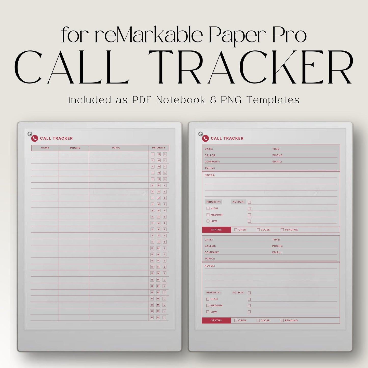 Call tracker PDF and PNG templates for reMarkable Paper Pro Move with simple call log and detailed client tracker layouts.
