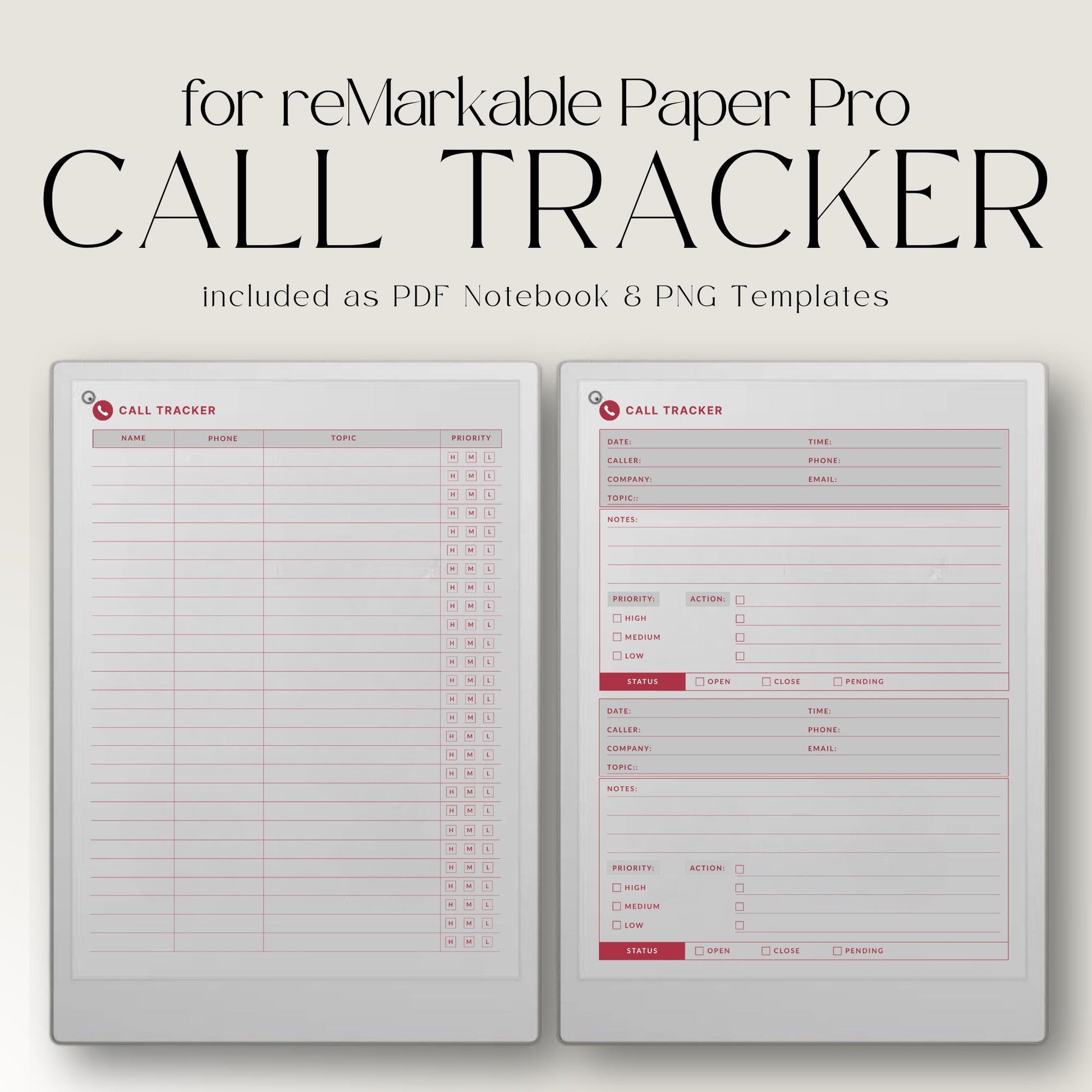 Call tracker PDF and PNG templates for reMarkable Paper Pro Move with simple call log and detailed client tracker layouts.