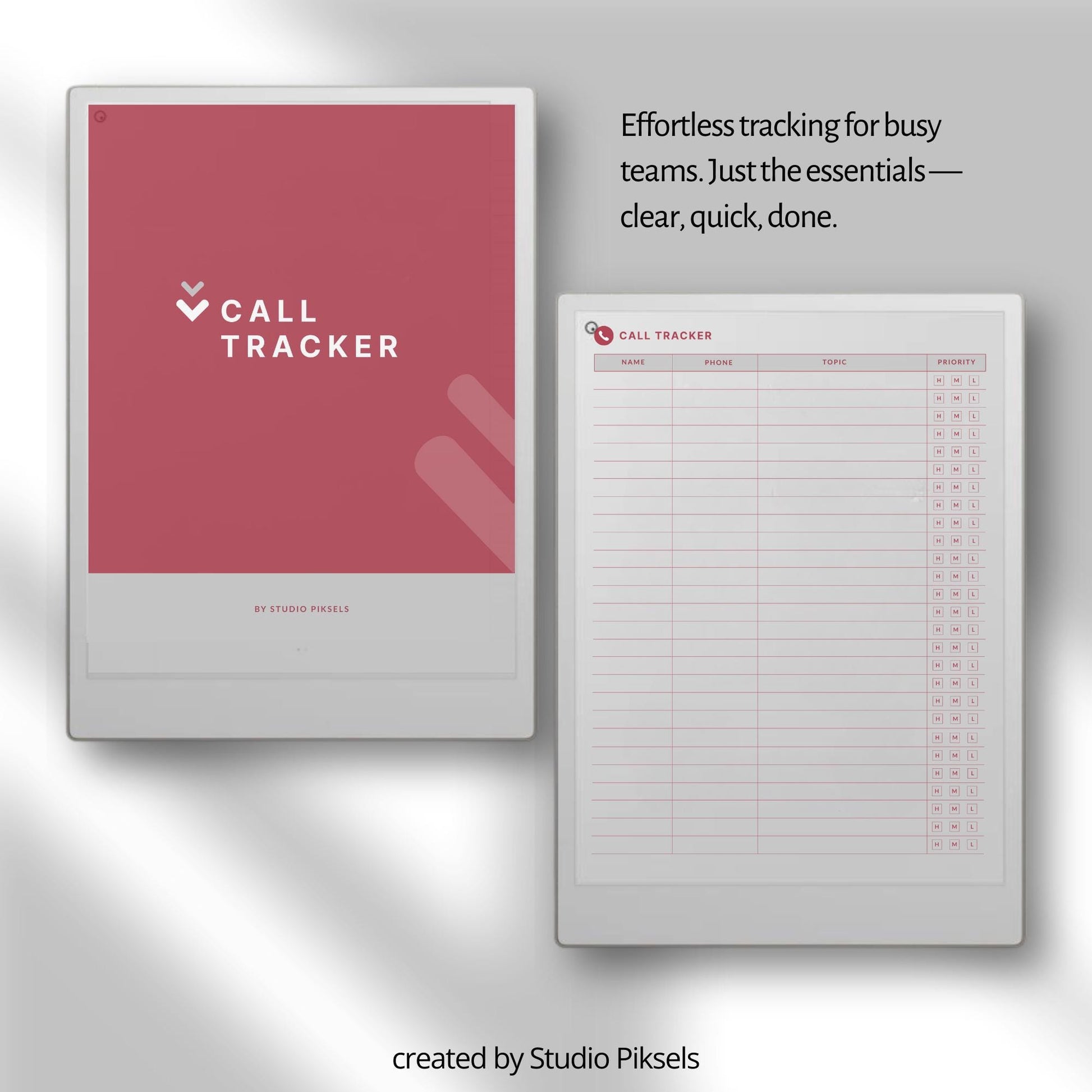Call tracker PDF and PNG templates for reMarkable Paper Pro Move with simple call log and detailed client tracker layouts.
