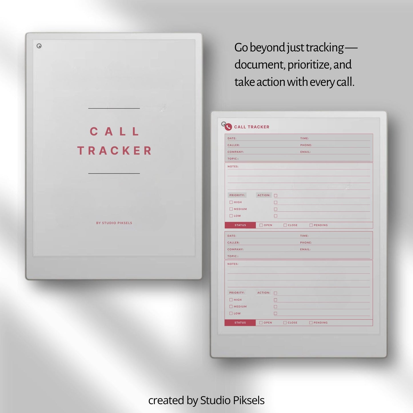 Call tracker PDF and PNG templates for reMarkable Paper Pro Move with simple call log and detailed client tracker layouts.