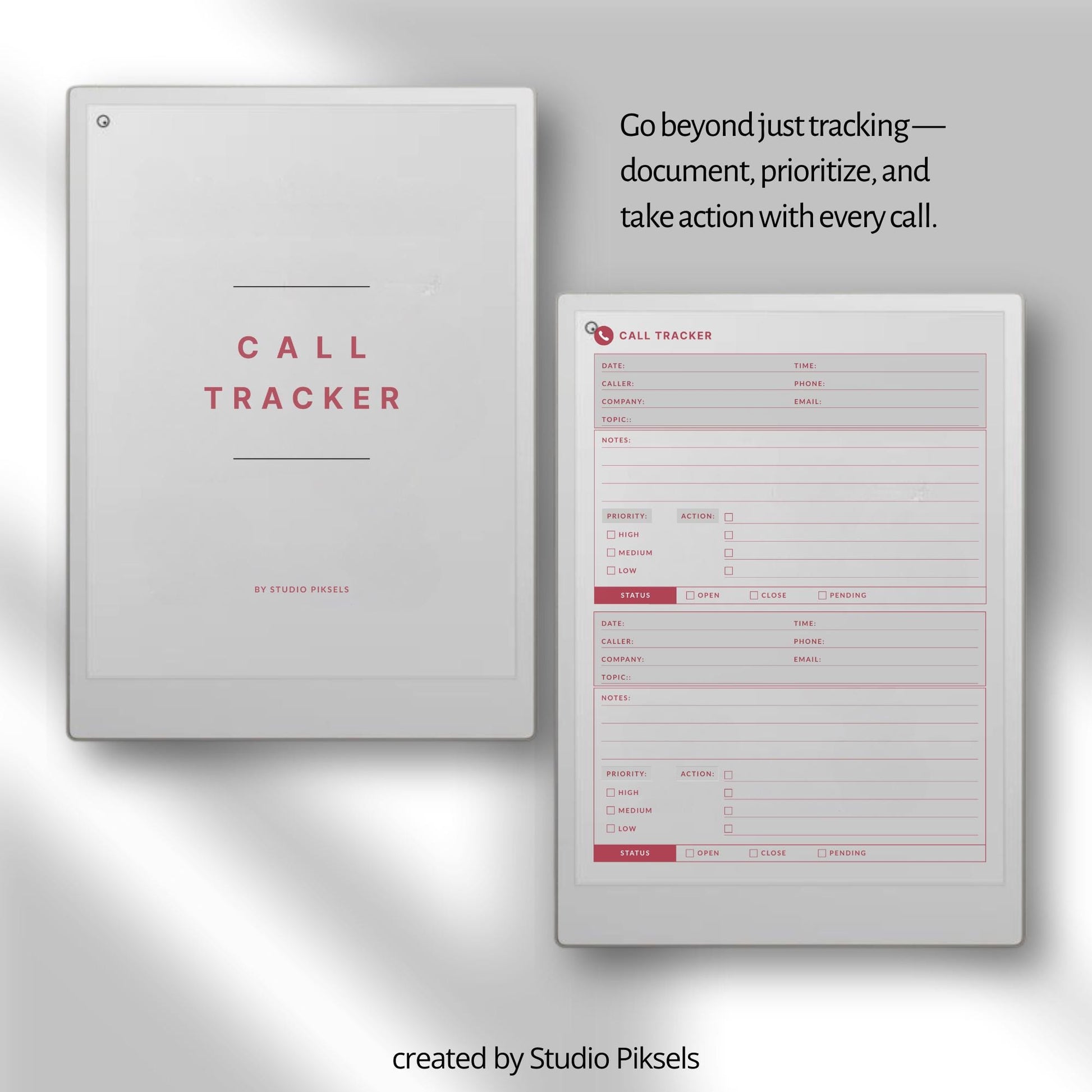 Call tracker PDF and PNG templates for reMarkable Paper Pro Move with simple call log and detailed client tracker layouts.