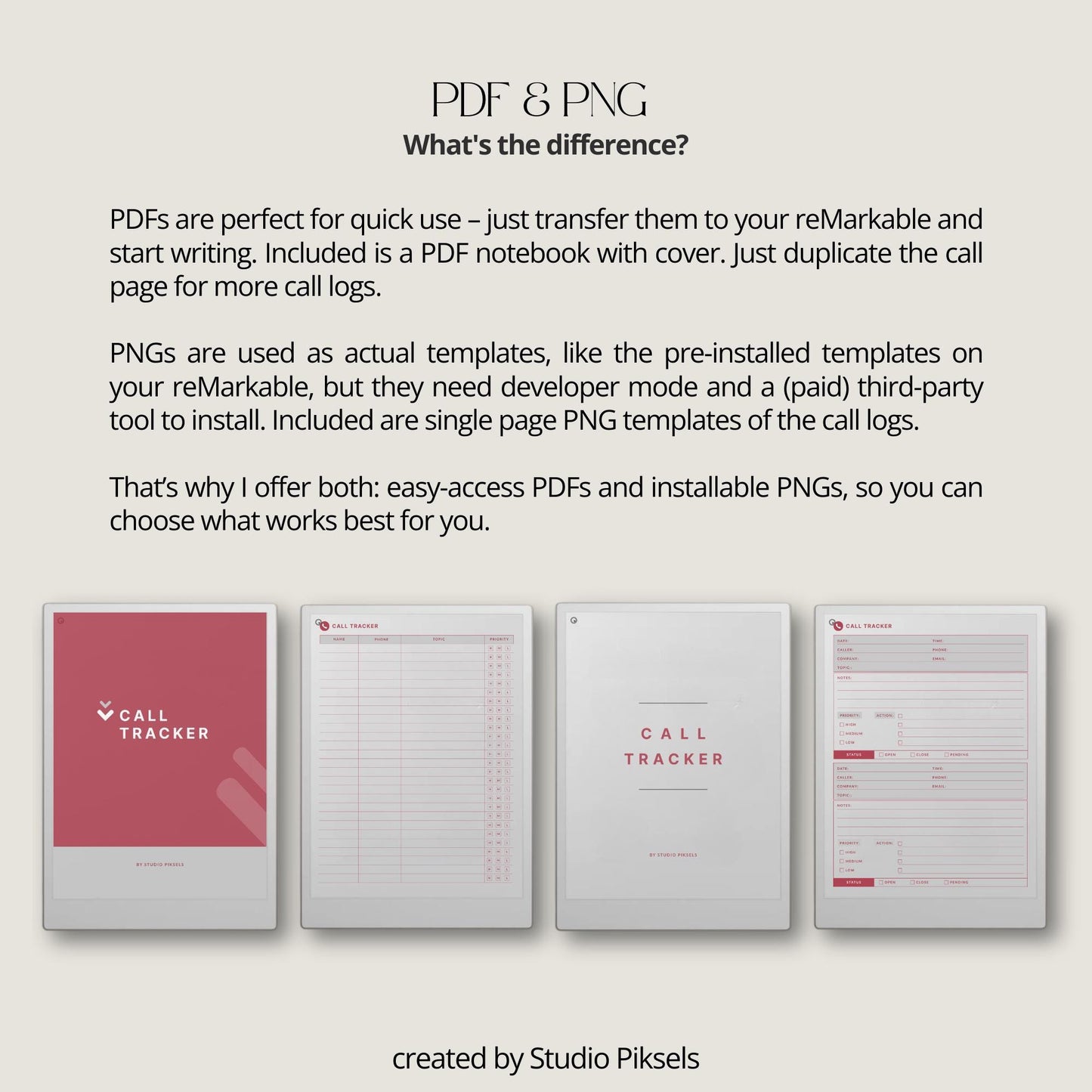 Call tracker PDF and PNG templates for reMarkable Paper Pro Move with simple call log and detailed client tracker layouts.
