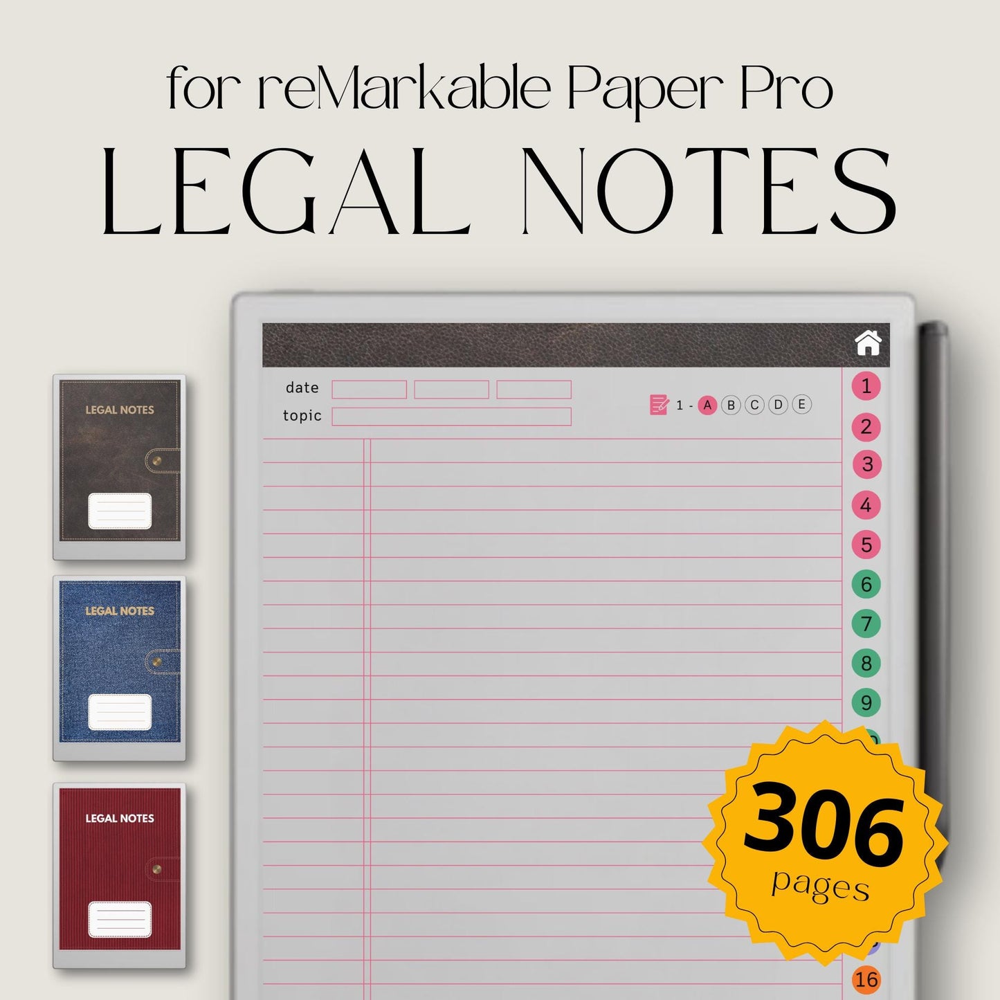 306 page hyperlinked legal notebook bundle for reMarkable Paper Pro.