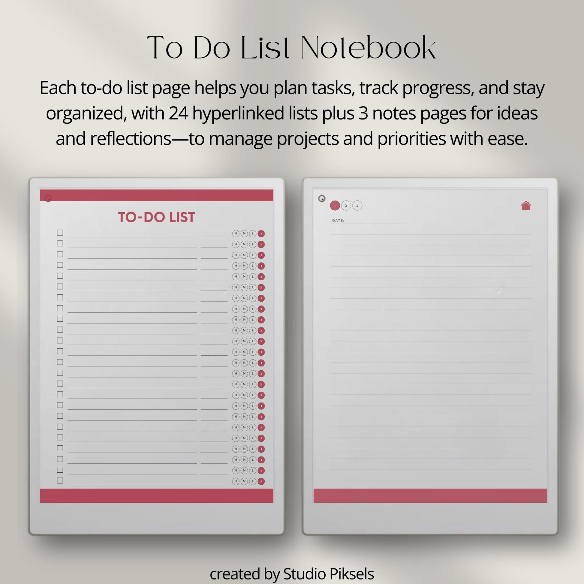 To do list notebook for reMarkable Paper Pro with hyperlinked tasks and linked notes pages.