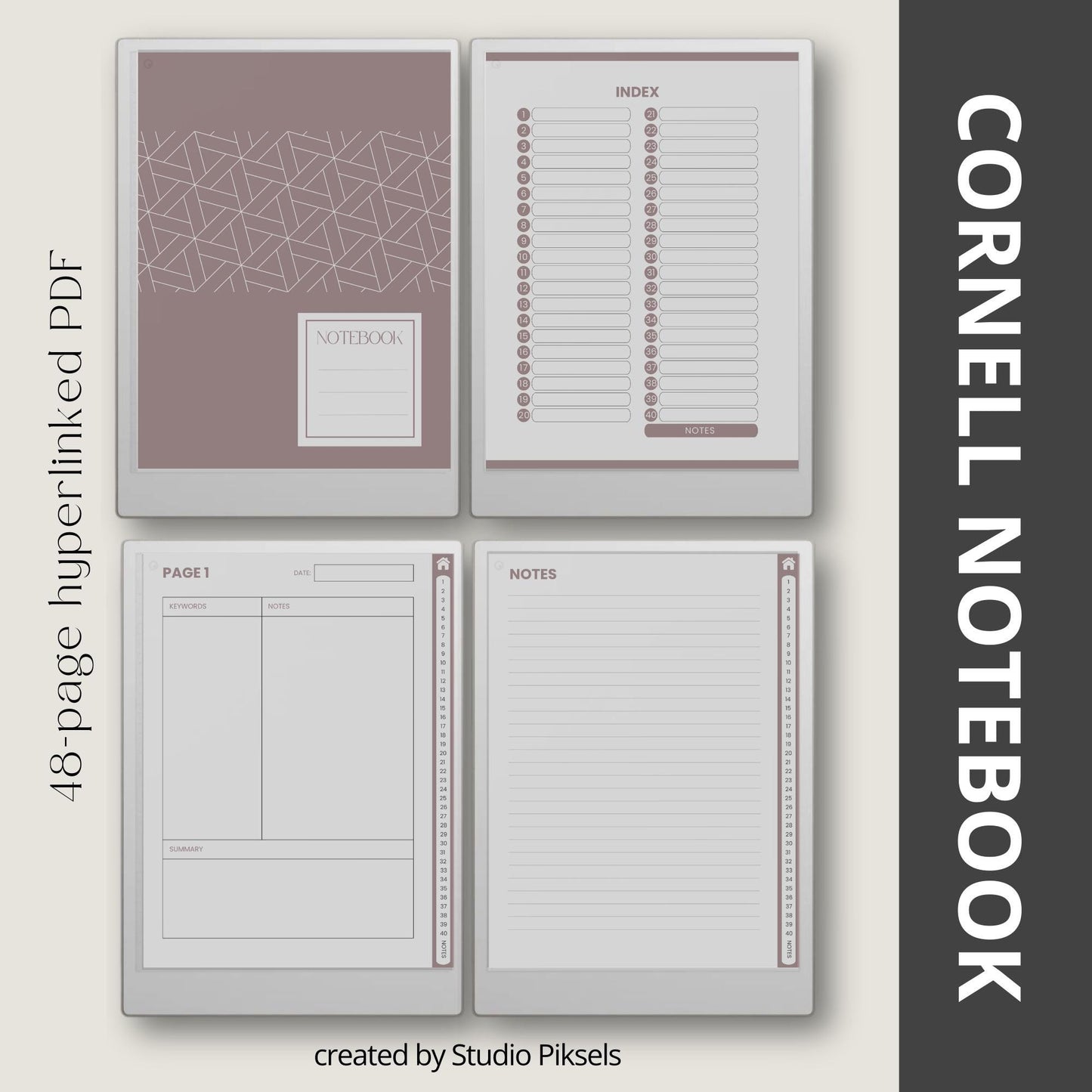 Hyperlinked digital study Cornell notebooks for reMarkable Paper Pro.