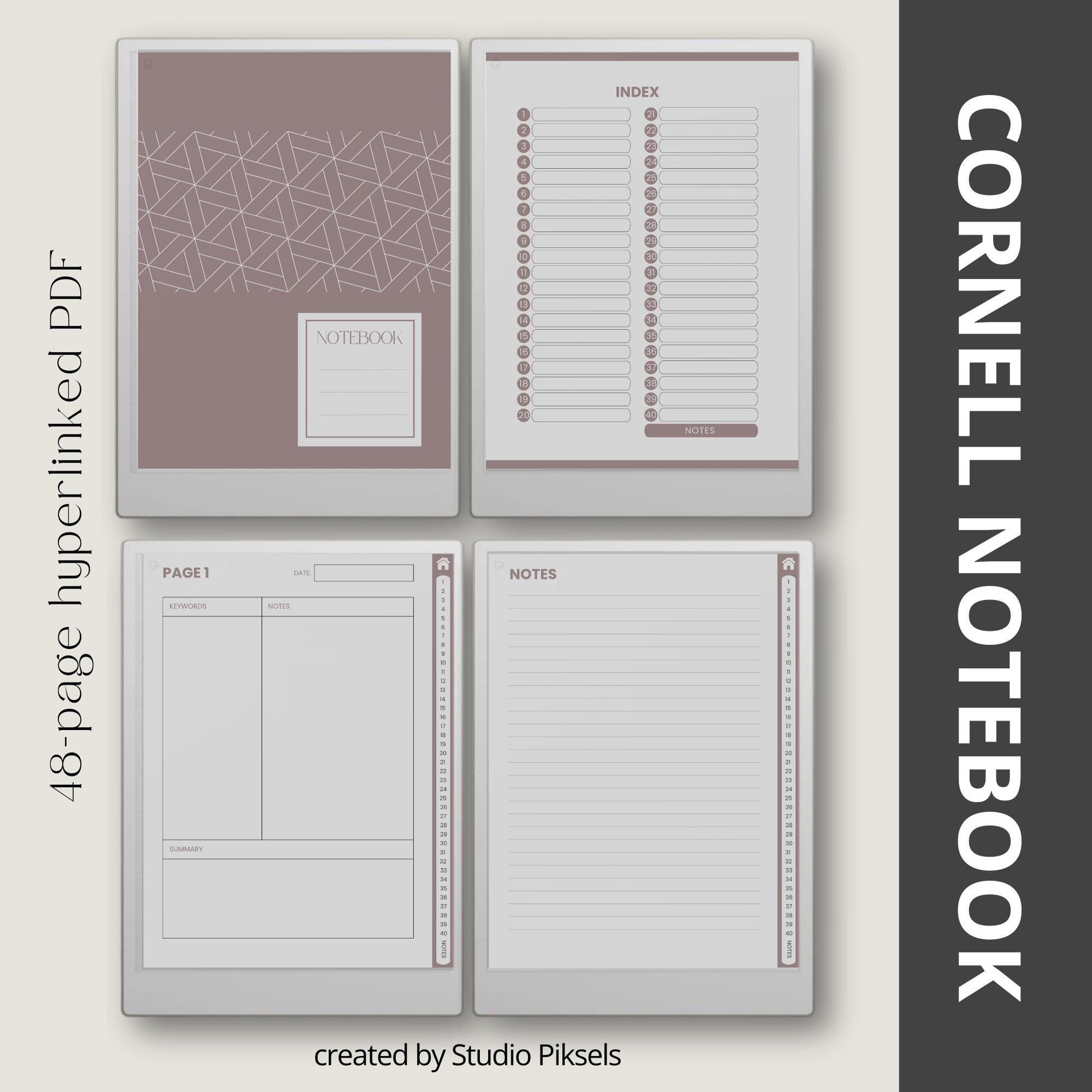 Hyperlinked digital study Cornell notebooks for reMarkable Paper Pro.