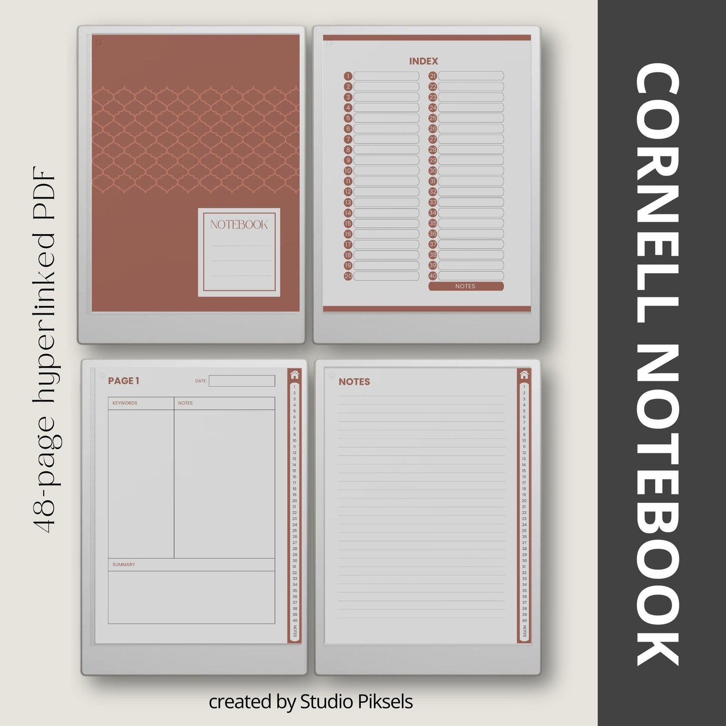 Hyperlinked digital study Cornell notebooks for reMarkable Paper Pro.